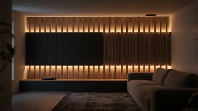 Modern Home Theater with Wood Acoustic Wall & Ambient Lighting