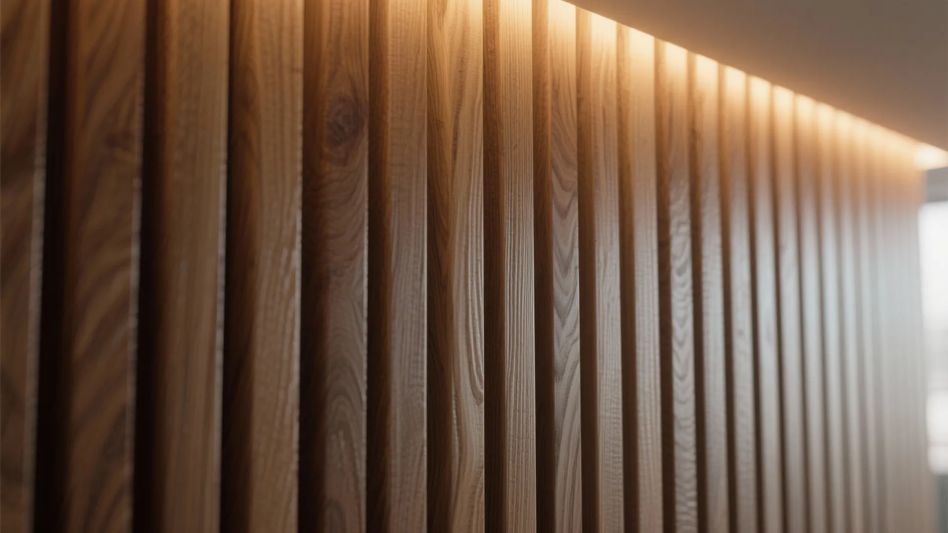 Macro of oak slats with soft cove lighting and rich wood grain.