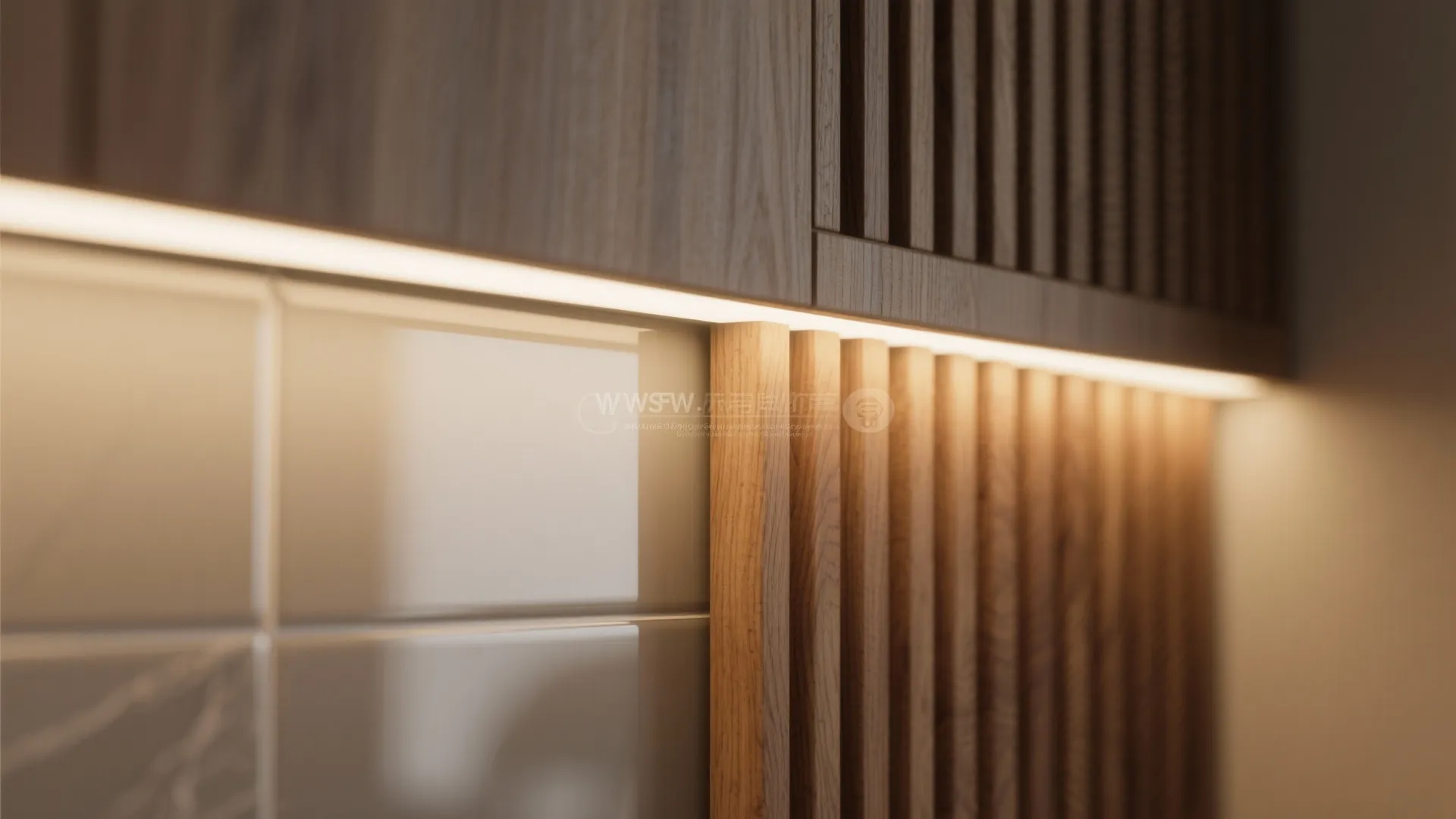 Close up of vertical wooden wall panels with a bright light strip under kitchen cabinet