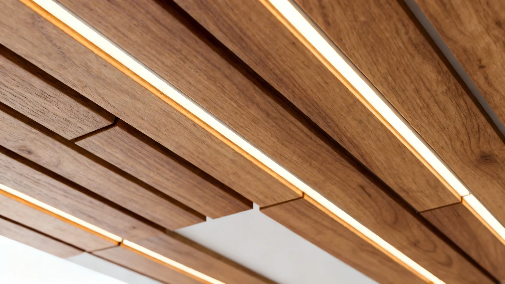 Close-up of oak ceiling slats with a diffused linear LED between them.