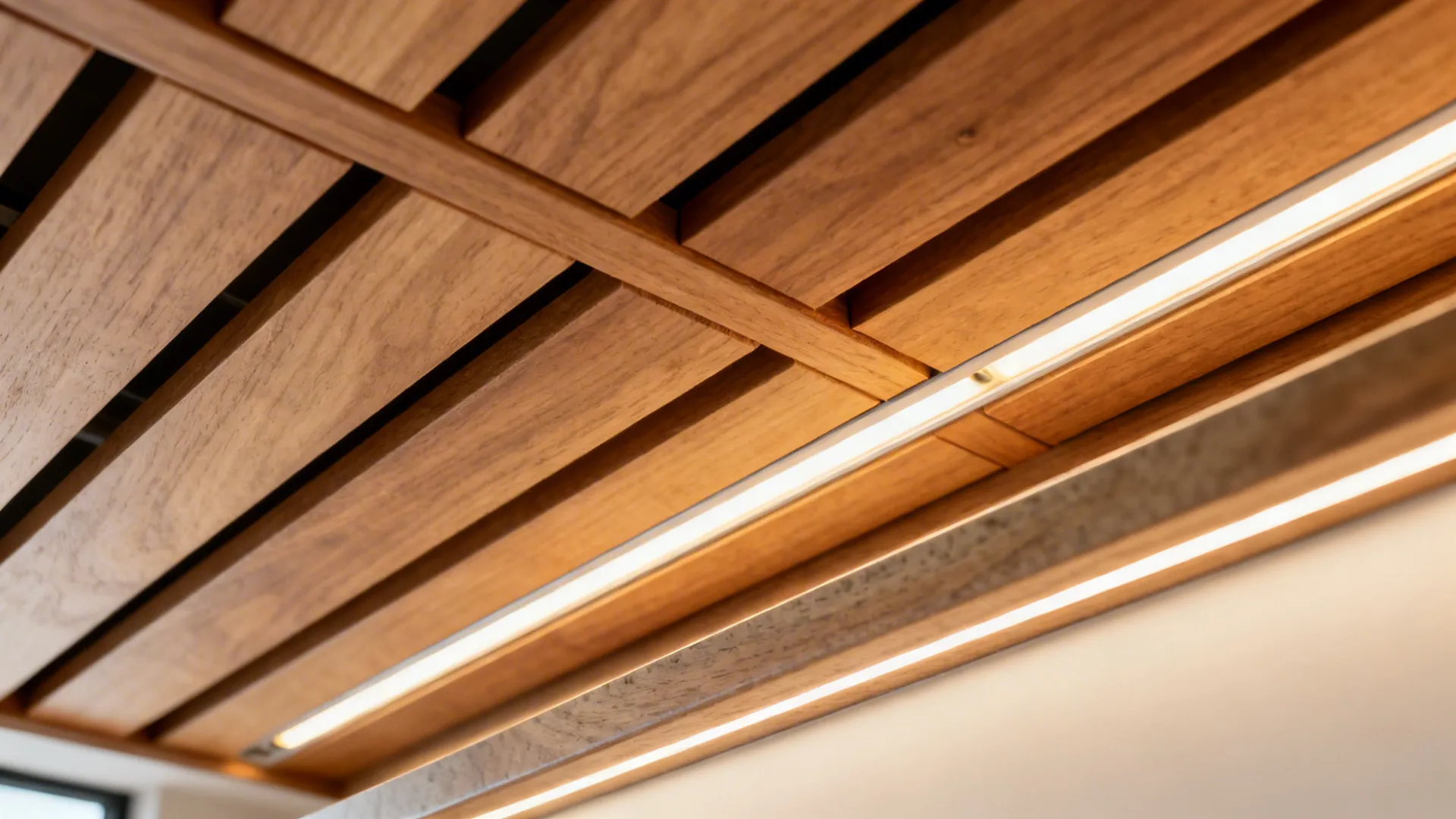 3) Warm wood slats with integrated linear task lights