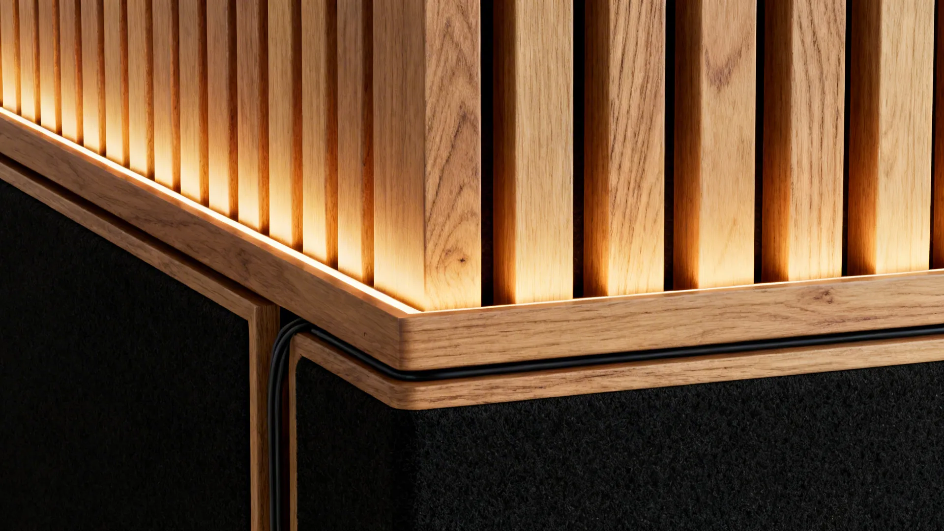 Macro of oak slats with a recessed linear LED and black acoustic backing.