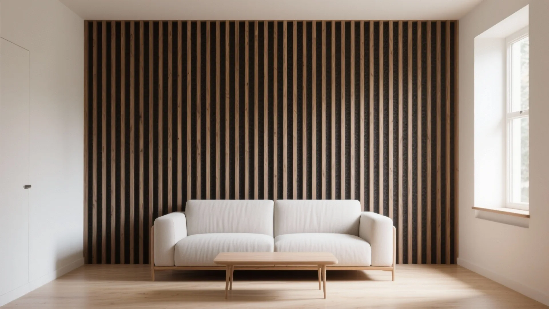 Small living room with floor-to-ceiling oak slatted acoustic wall and black felt backing.
