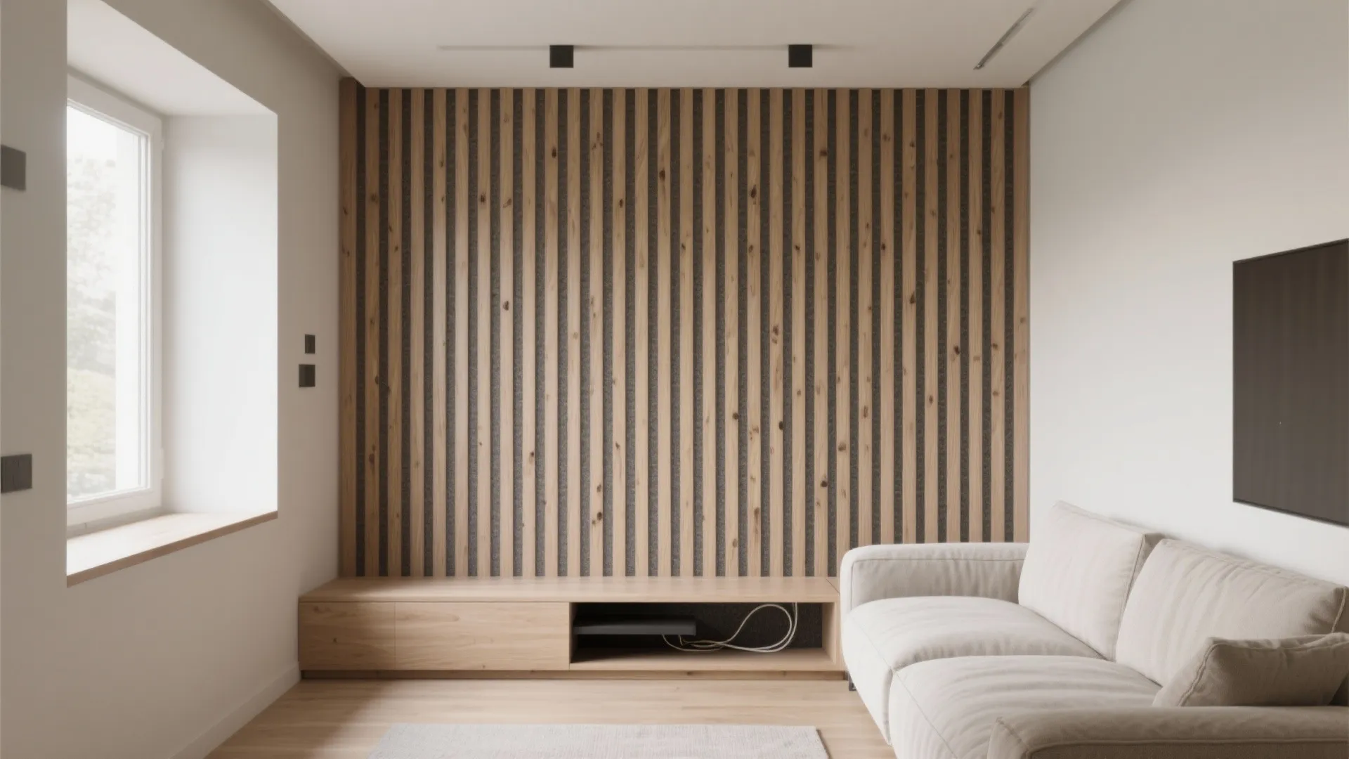 Modern living room with vertical wooden wall panel behind a low cabinet and white sofa