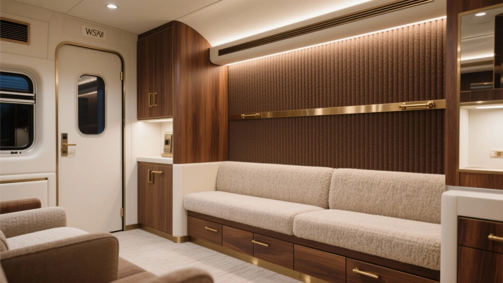 Luxury train lounge interior featuring a beige sofa brown wall panel wood cabinets and gold accents
