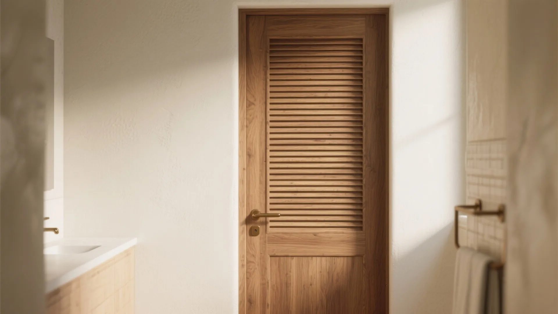 Wooden door with horizontal slats in a bright bathroom next to a sink and towel