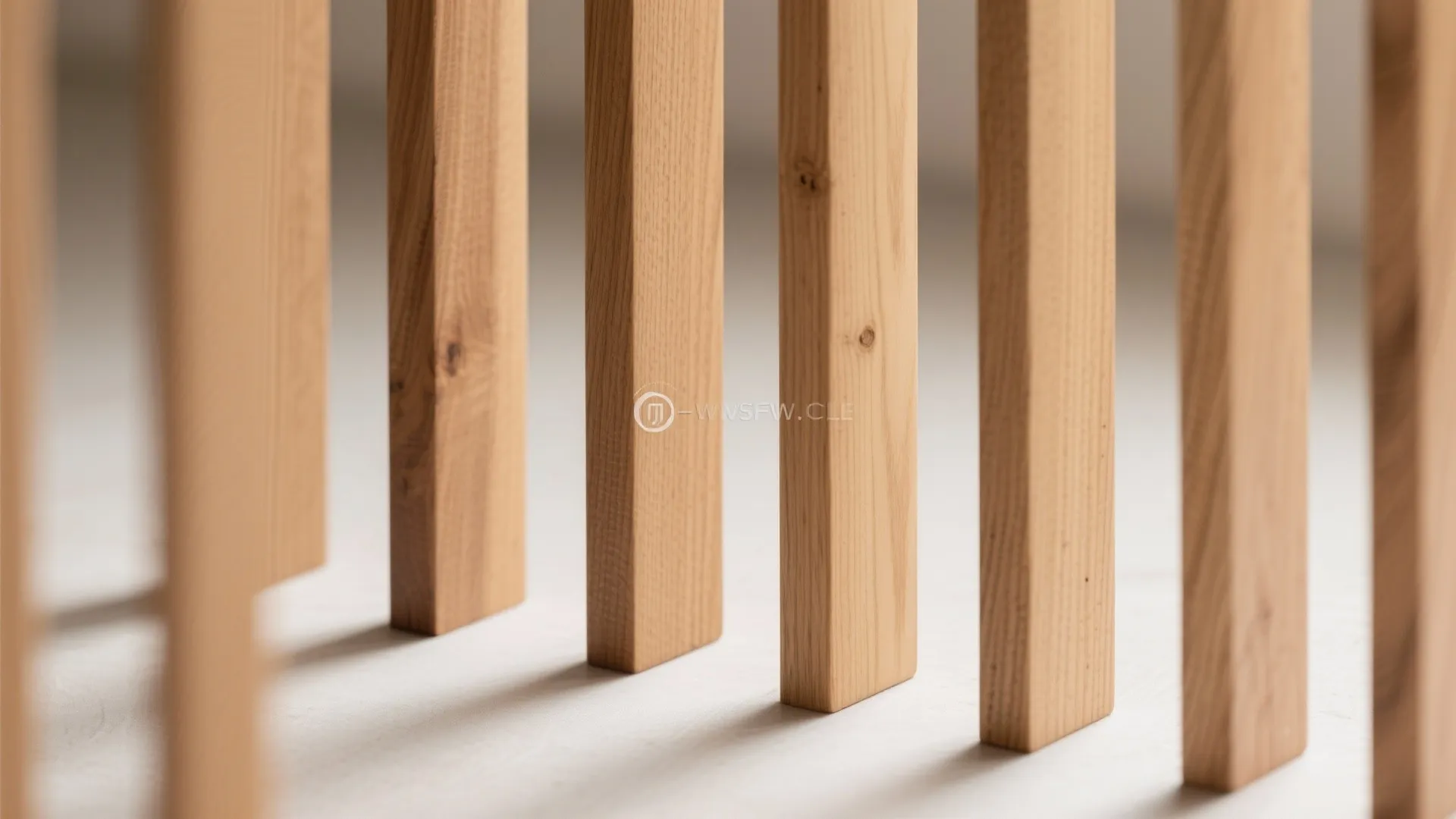 Close-up of vertical oak slats with 2–3 cm spacing and matte finish with light passing through.