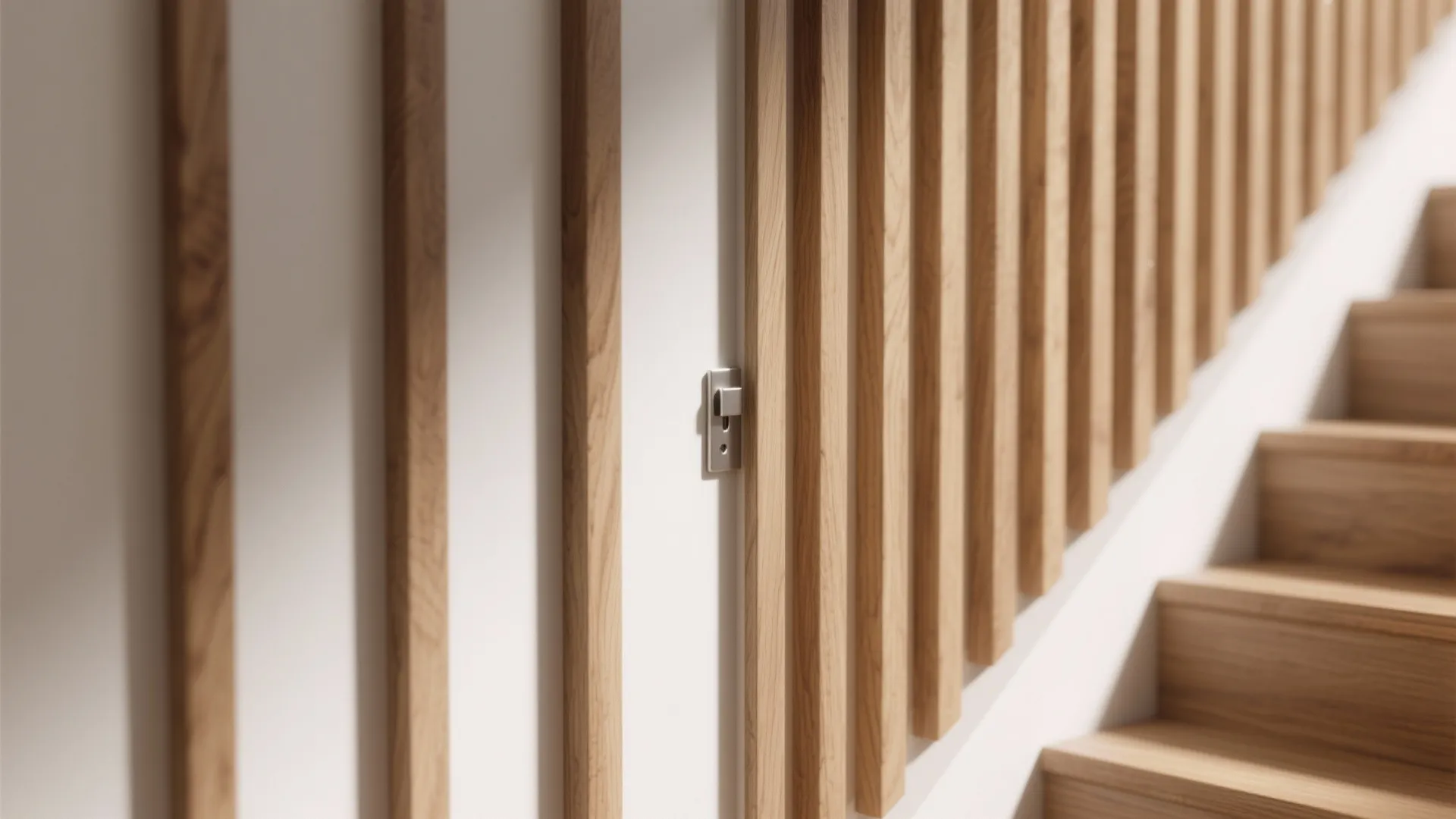Close up of vertical wooden wall panel slats next to a staircase with white walls
