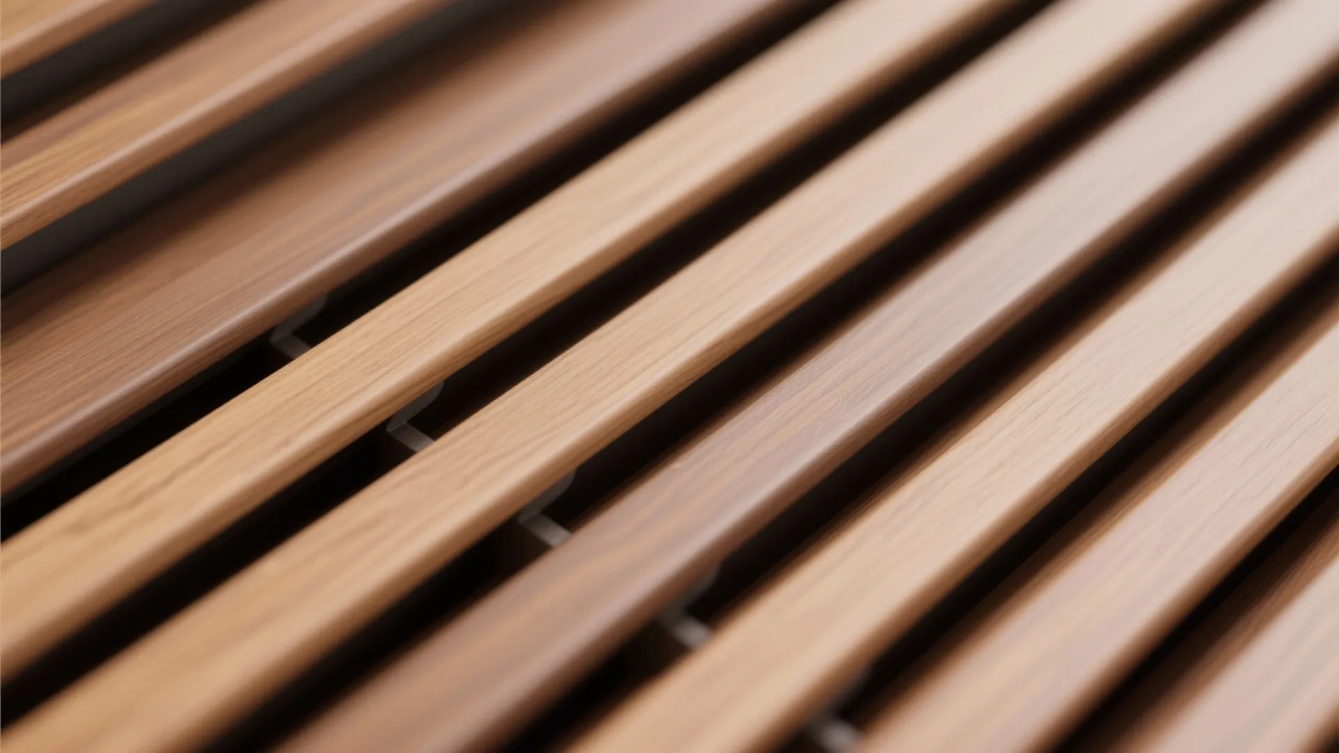 Close up view of wooden wall panel slats showing natural wood grain texture and brown color