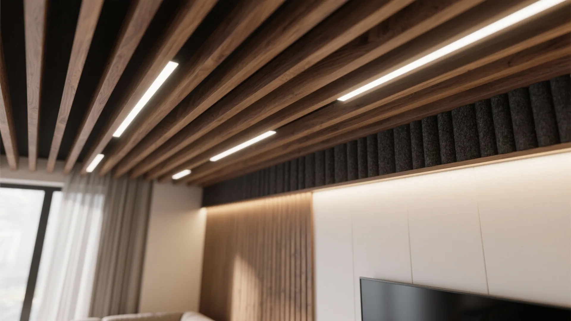Acoustic slat ceiling along the TV arm