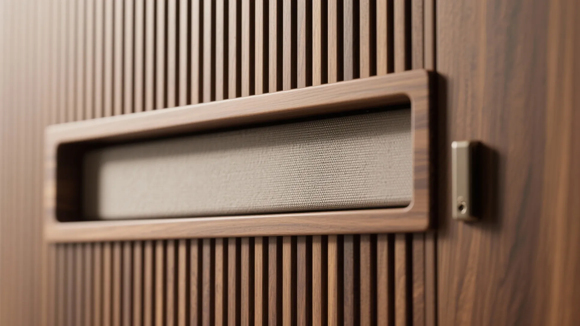 Close up view of vertical brown wood wall panel with a matching rectangular recessed handle