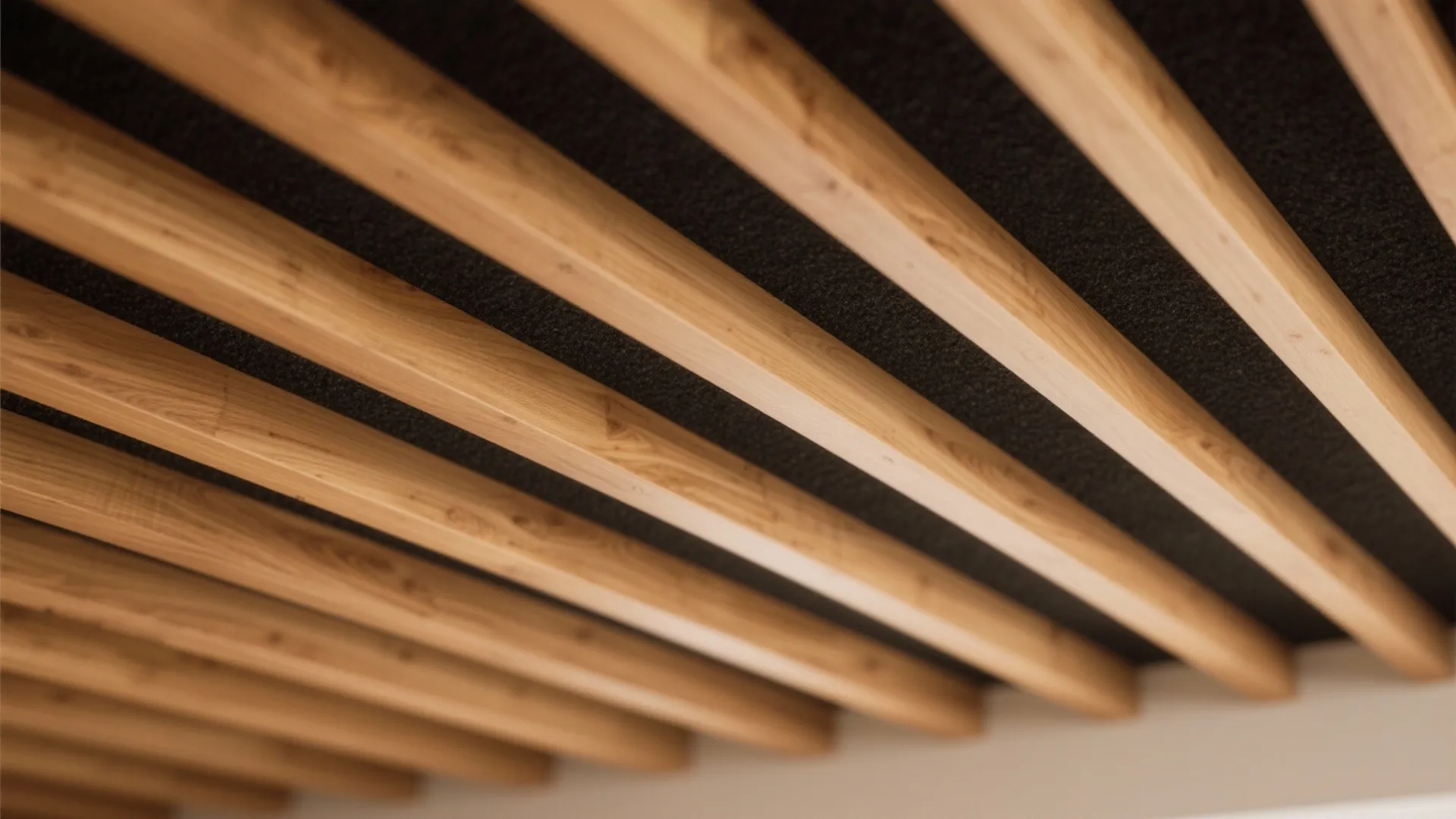Close up view of parallel wooden ceiling slats with dark acoustic backing in modern room