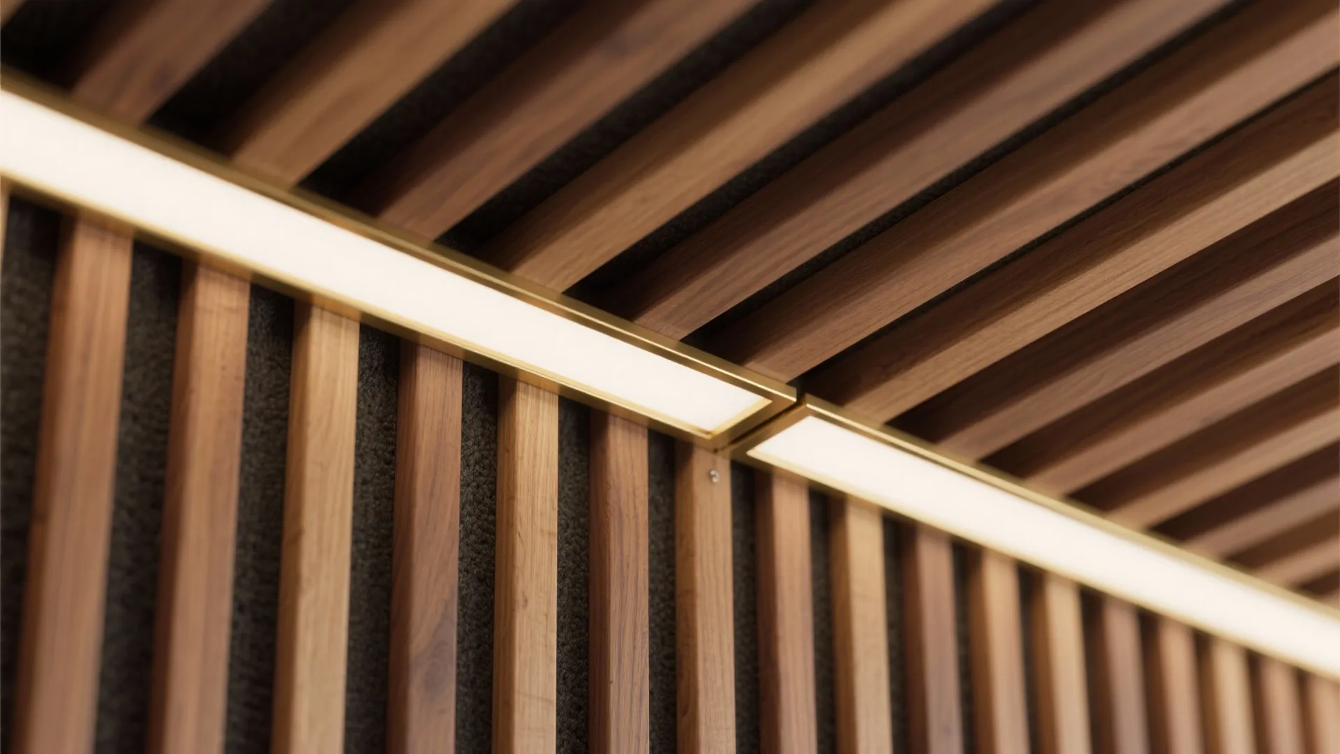 Wooden Slat Ceiling with Brass Accents