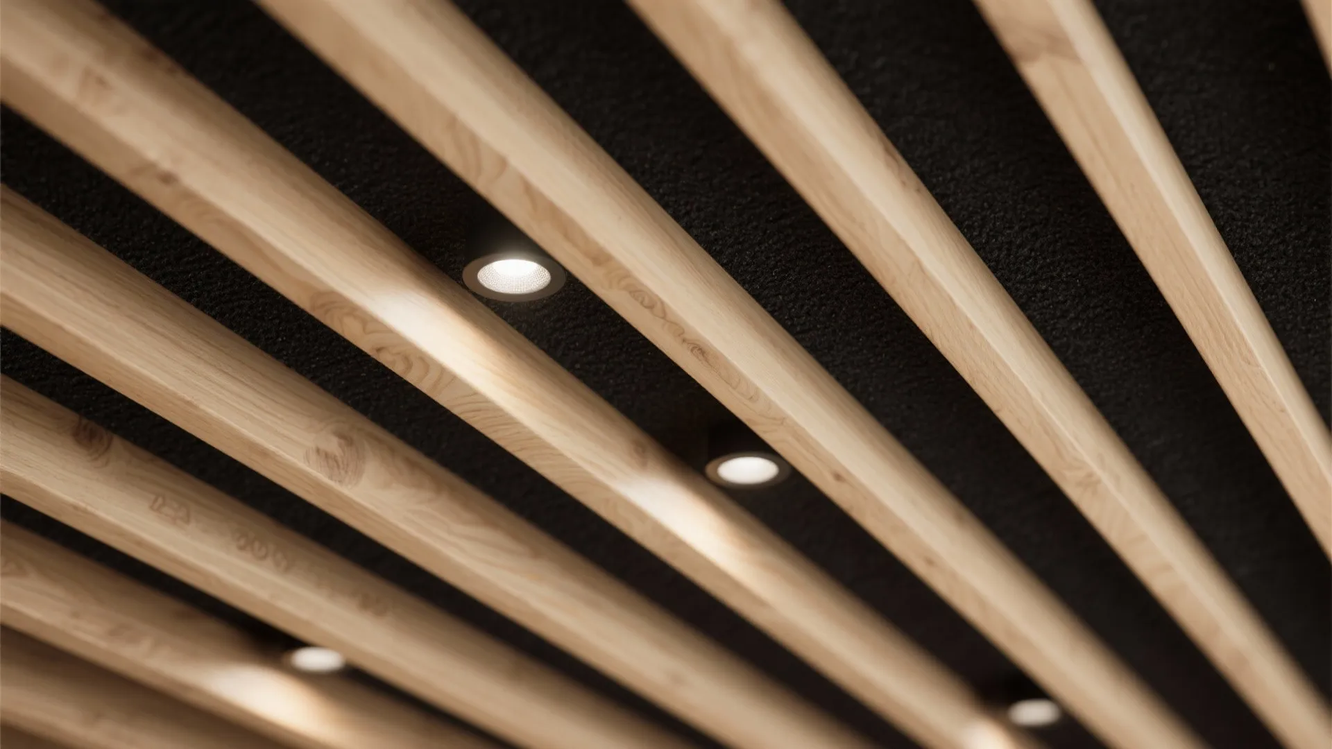 Close-up of a wooden ceiling with parallel slats and small round recessed ceiling lights installed
