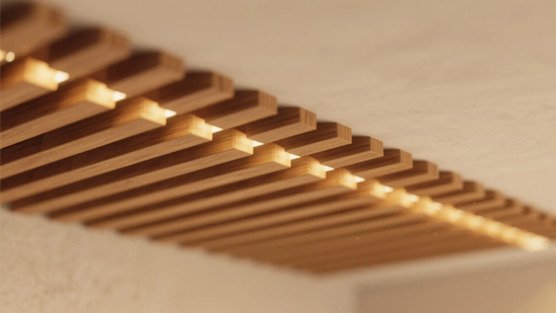 Modern wooden wall panel design with small lights installed between slats for a warm effect