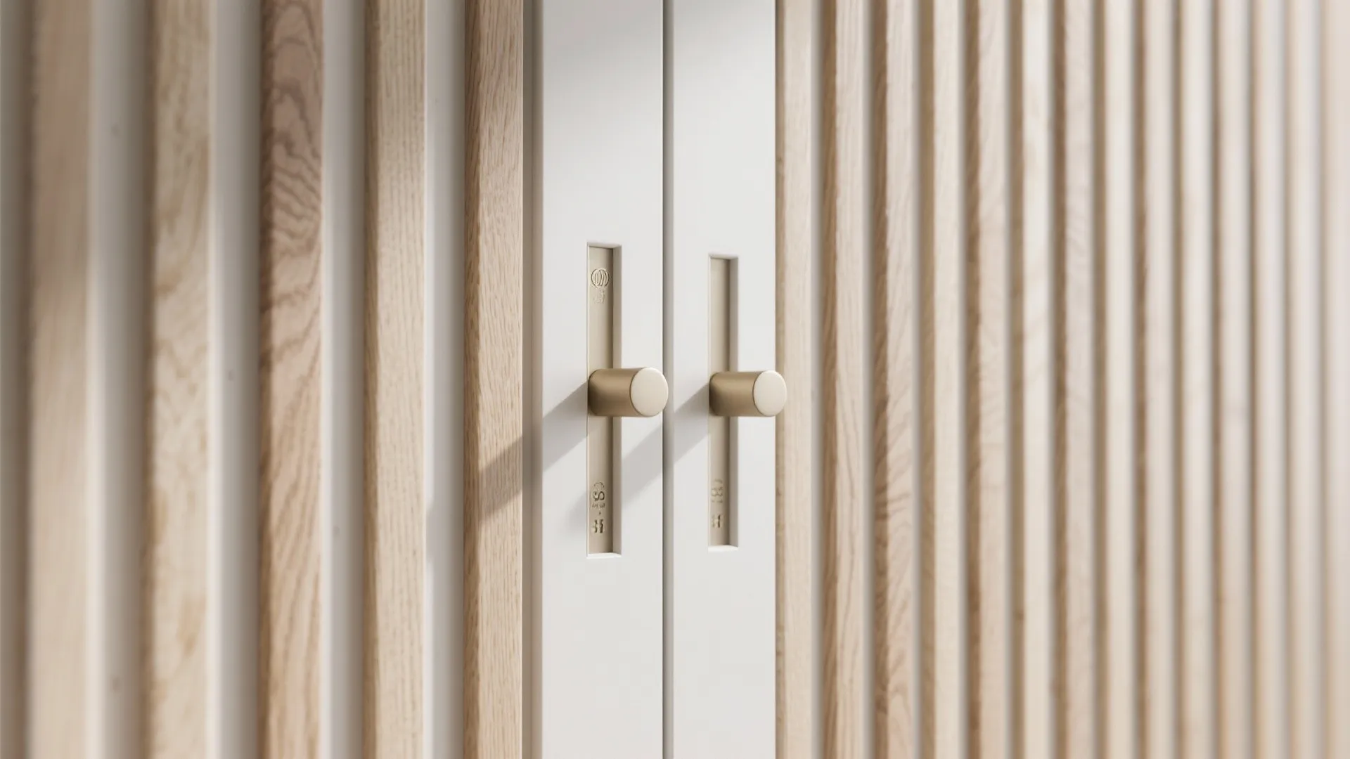 Macro view of oak slats aligning over a hidden cabinet door with a clean shadow gap.