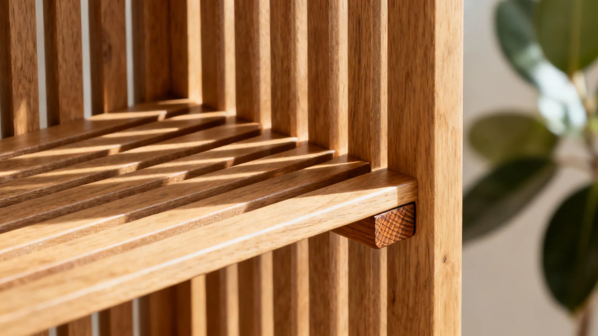 Close-up of sealed oak slats with ribbed texture on a divider shelf.