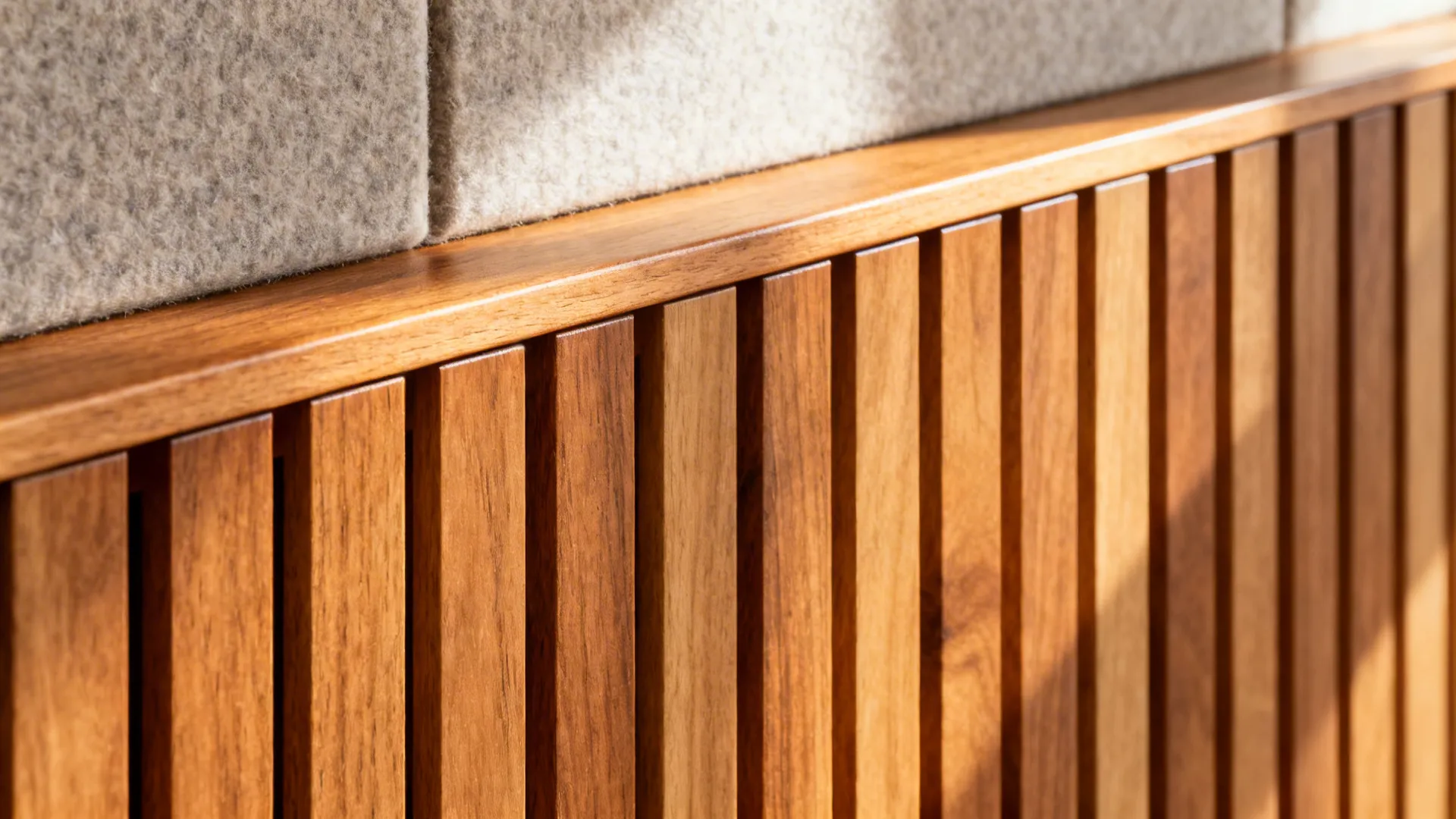 Close up of vertical wood wall panels under a soft textured surface with warm sunlight