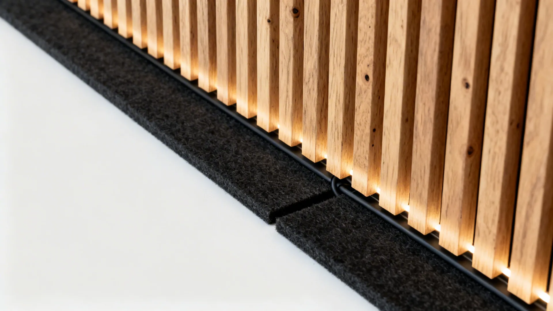 Close-up of oak slats over black felt with LED light grazing the wood texture.