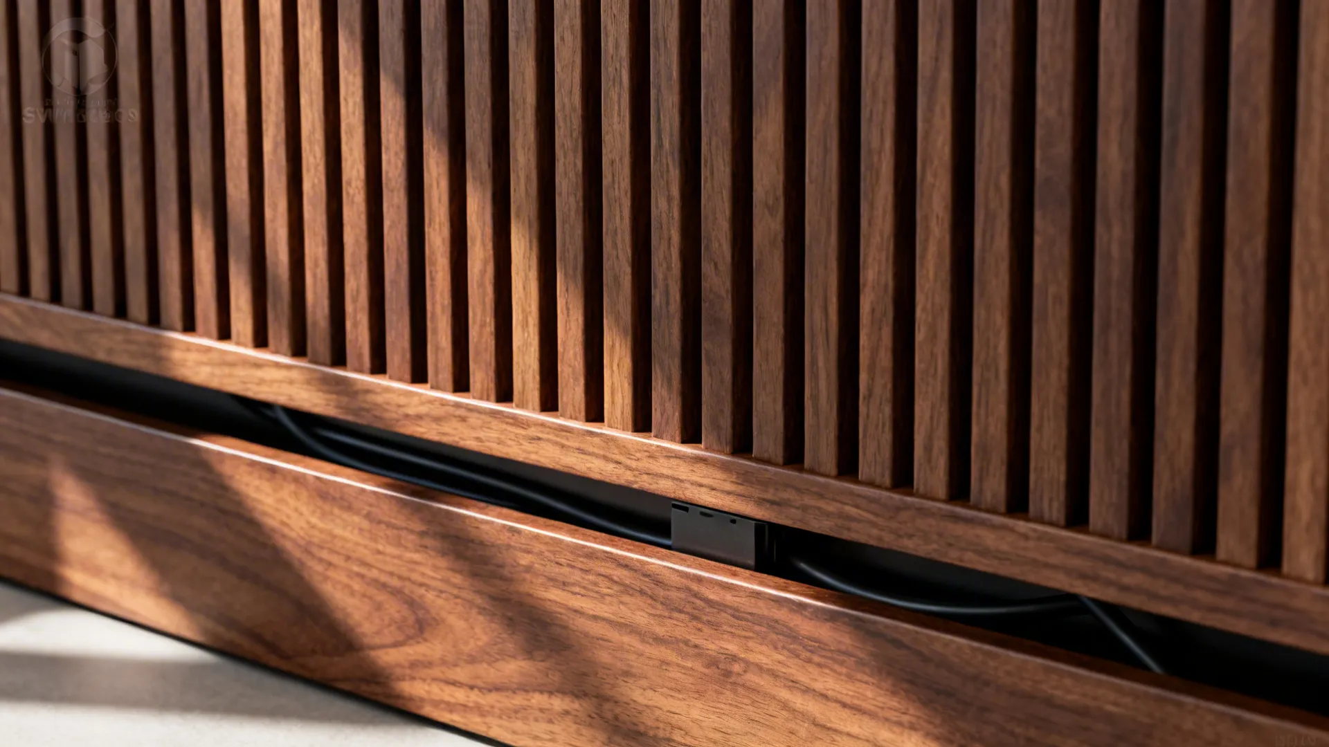 Macro of walnut slats with even spacing and hidden cable channel behind the panel.