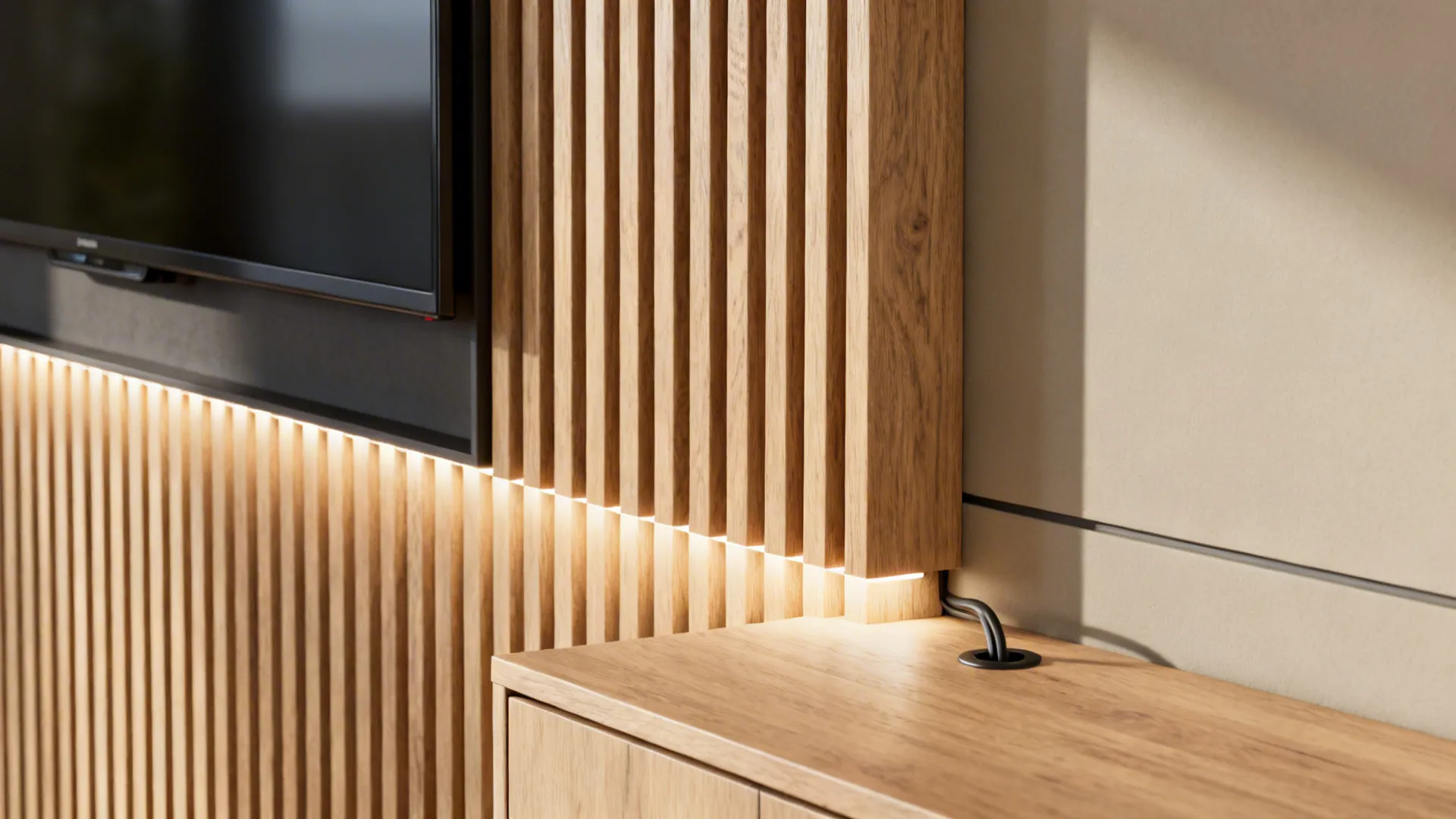 Wooden wall panel with light strip behind a television above a matching wood storage cabinet