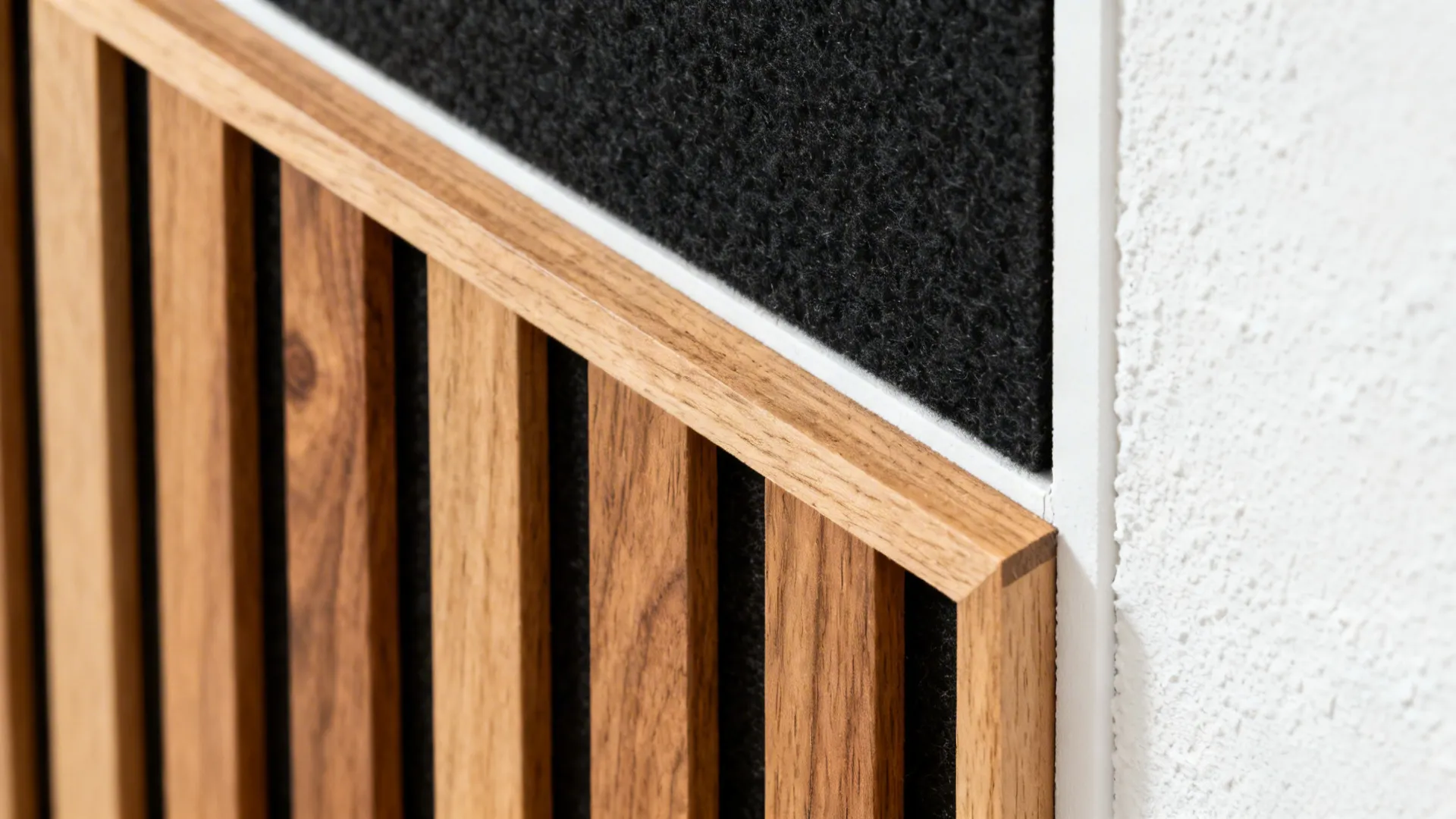 Close-up of oak slats with black felt backing meeting a crisp white gypsum frame.