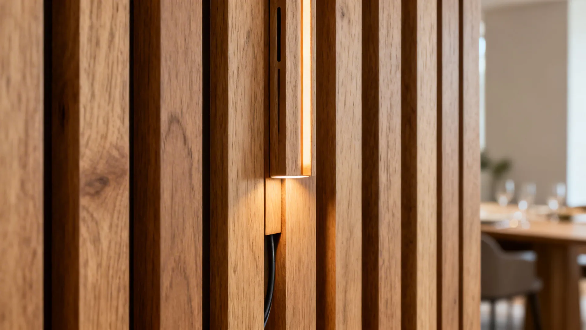 Macro detail of matte oak slats with precise spacing and warm grazing light.