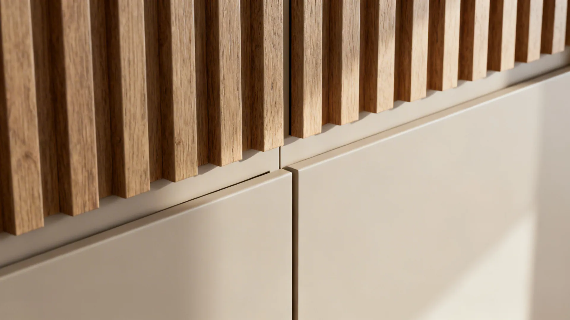 Macro view of slatted wood and fluted MDF with subtle gaps and matte finishes.