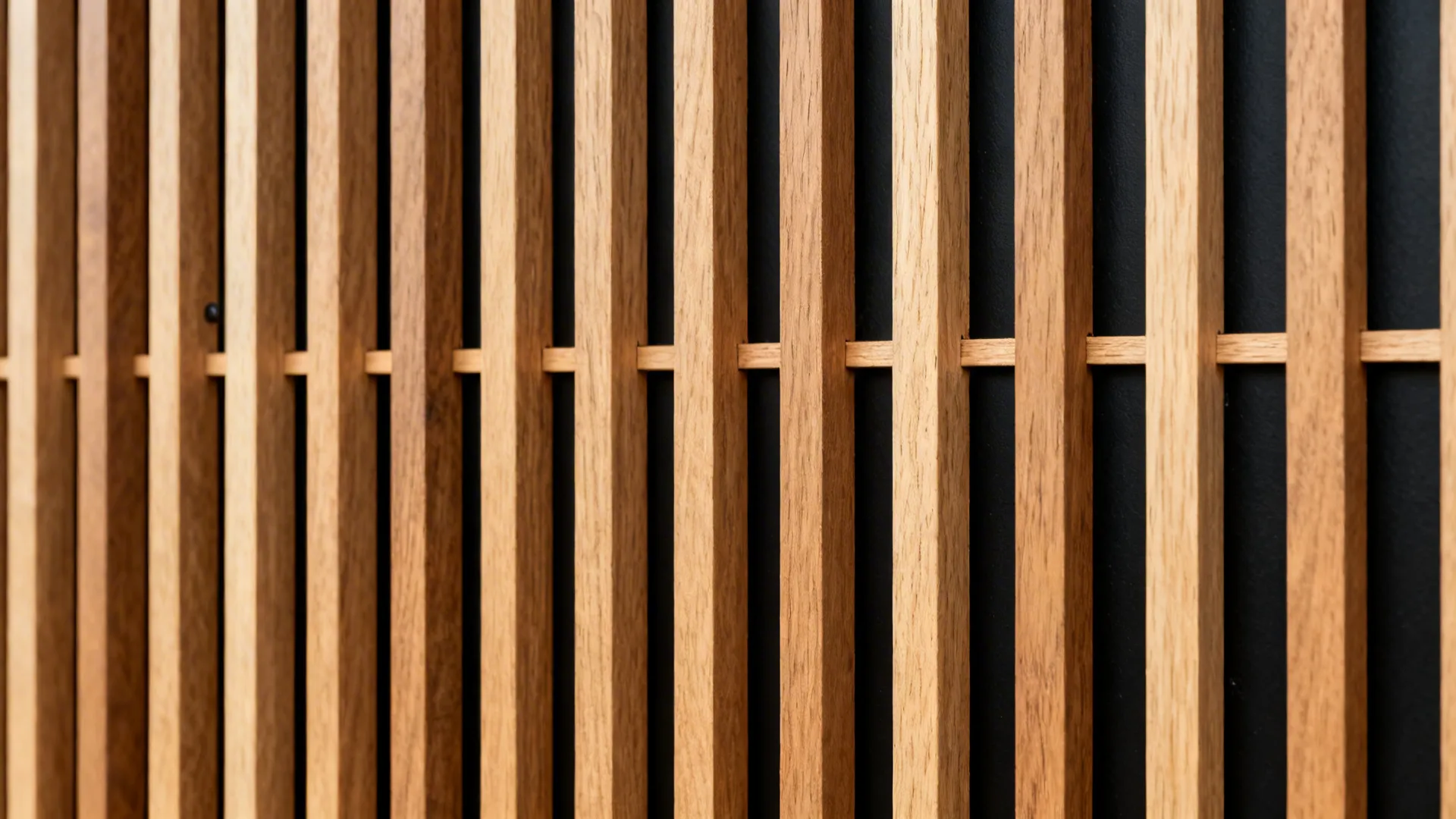 Close-up of evenly spaced oak slats over a black backer with crisp edges and matte grain.