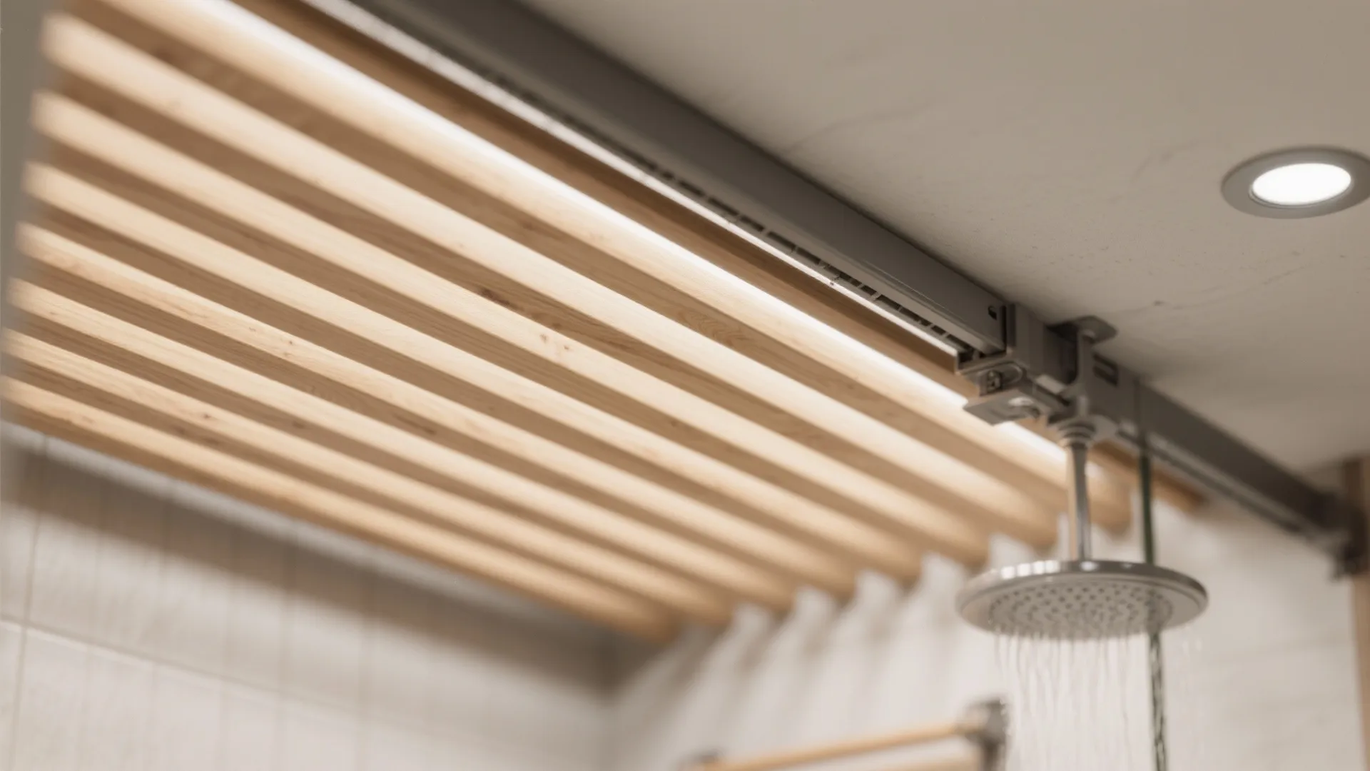 Close up of wooden ceiling slats next to a shower head and a bright light fixture