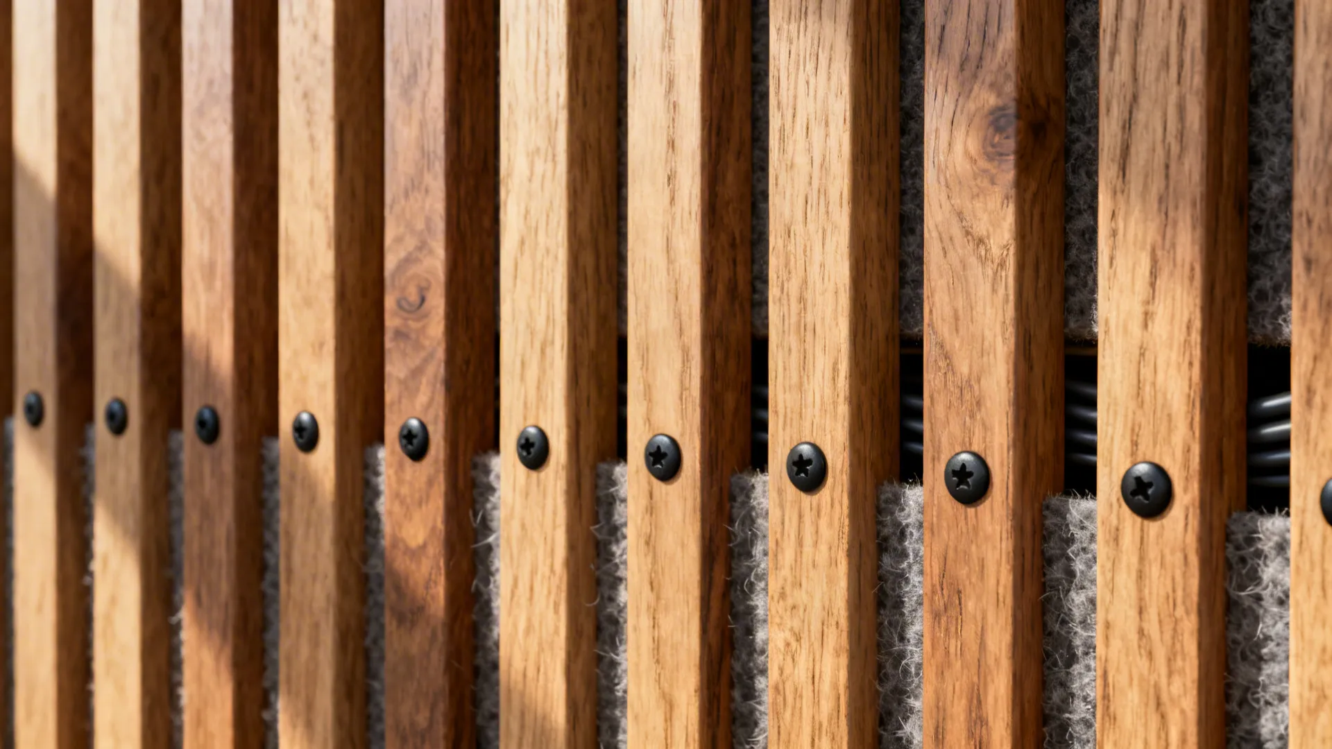 Macro of oak slat panel with hidden cable gap and felt acoustic backing between evenly spaced slats.