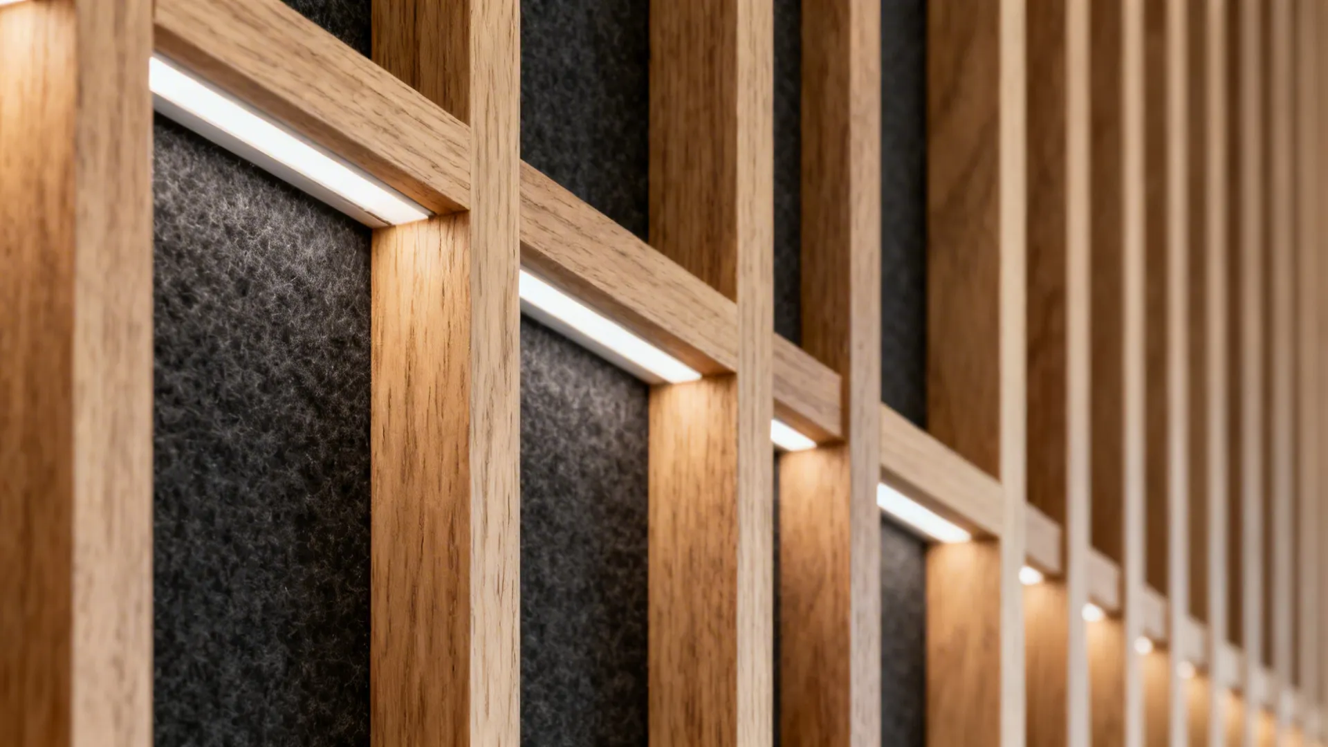 Wooden wall panels with horizontal strip lights installed between vertical slats on a dark grey background