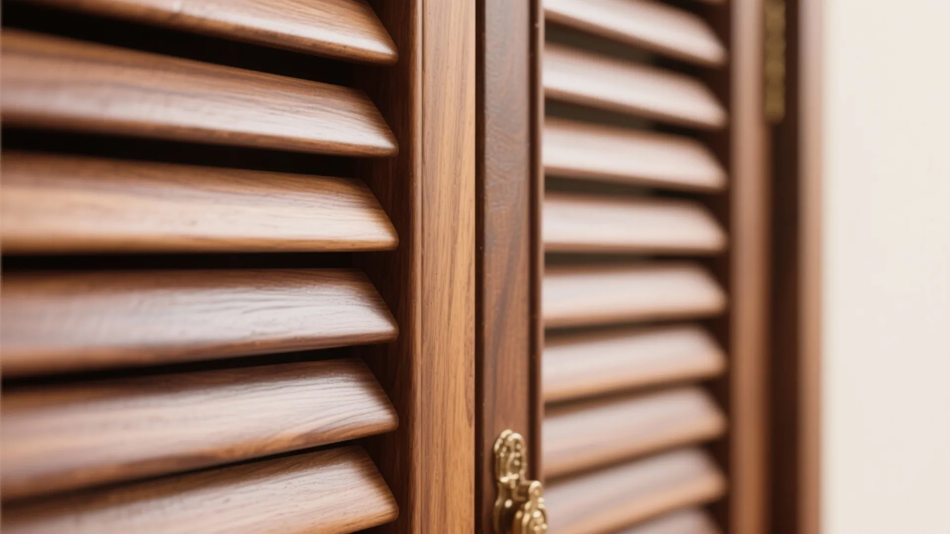 Macro of teak slats with matte finish and precise spacing on a pooja door.
