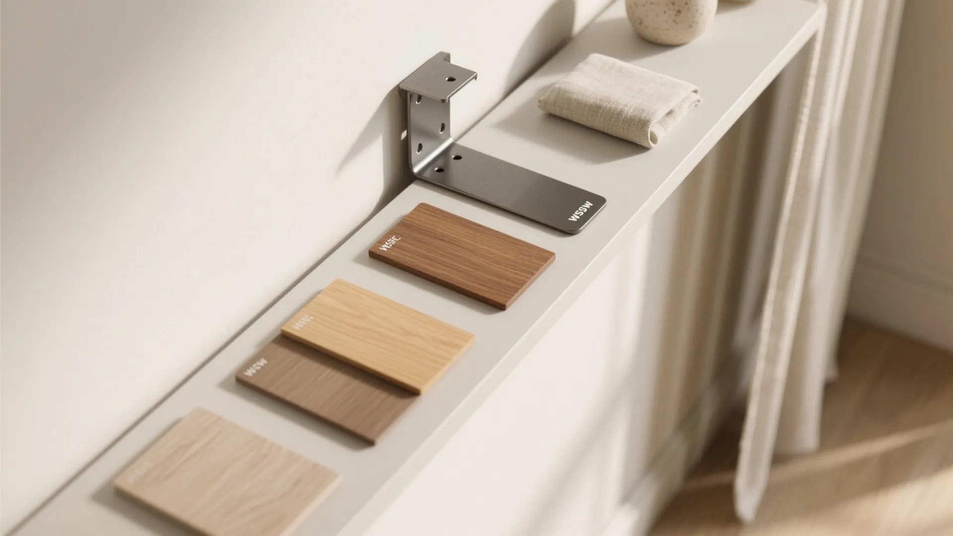 Flat lay of oak, ash, maple, oil finishes, steel bracket, and neutral decor materials.