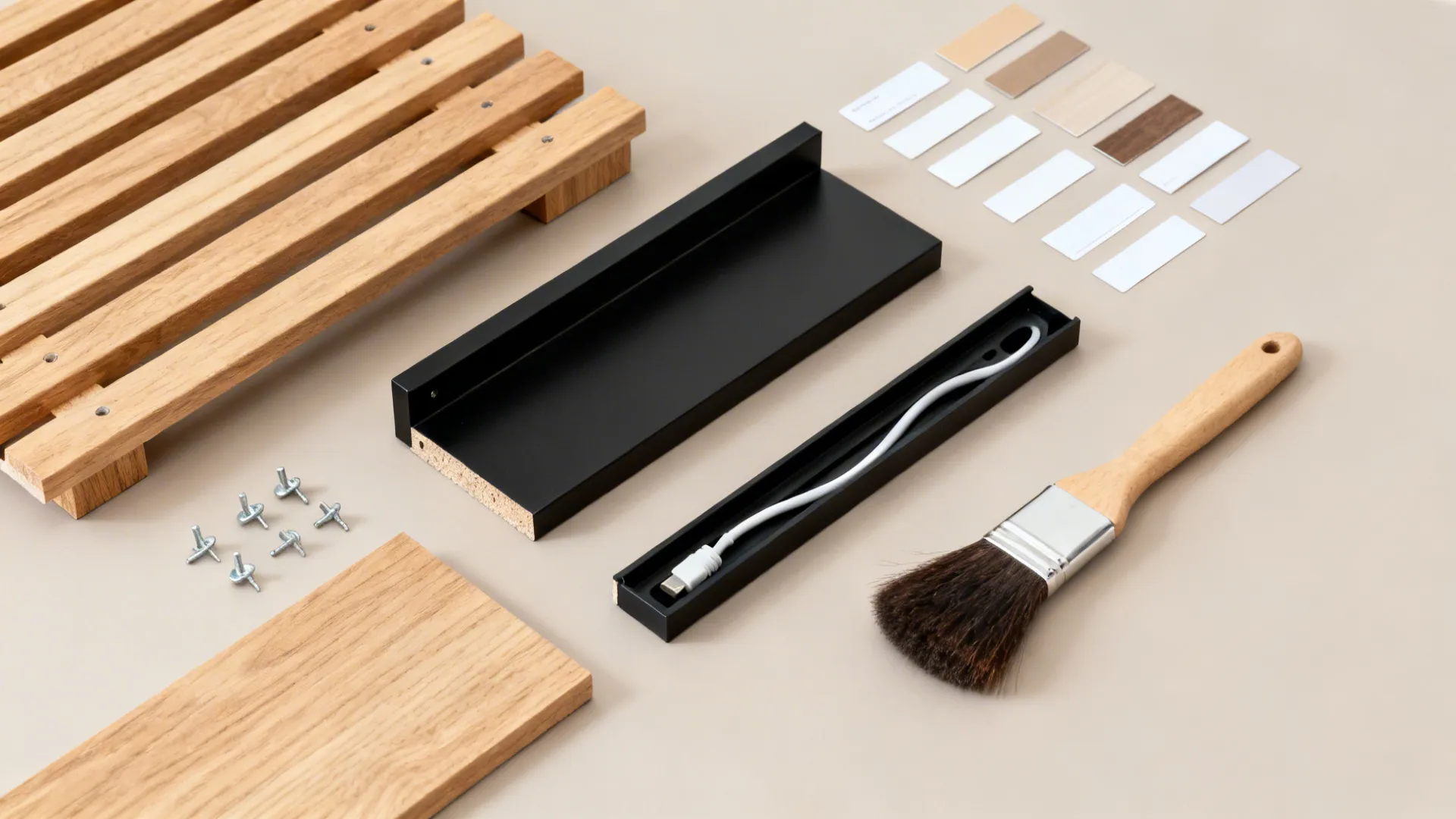 Flat lay of oak slats, matte black shelf finish, and cable channel components.