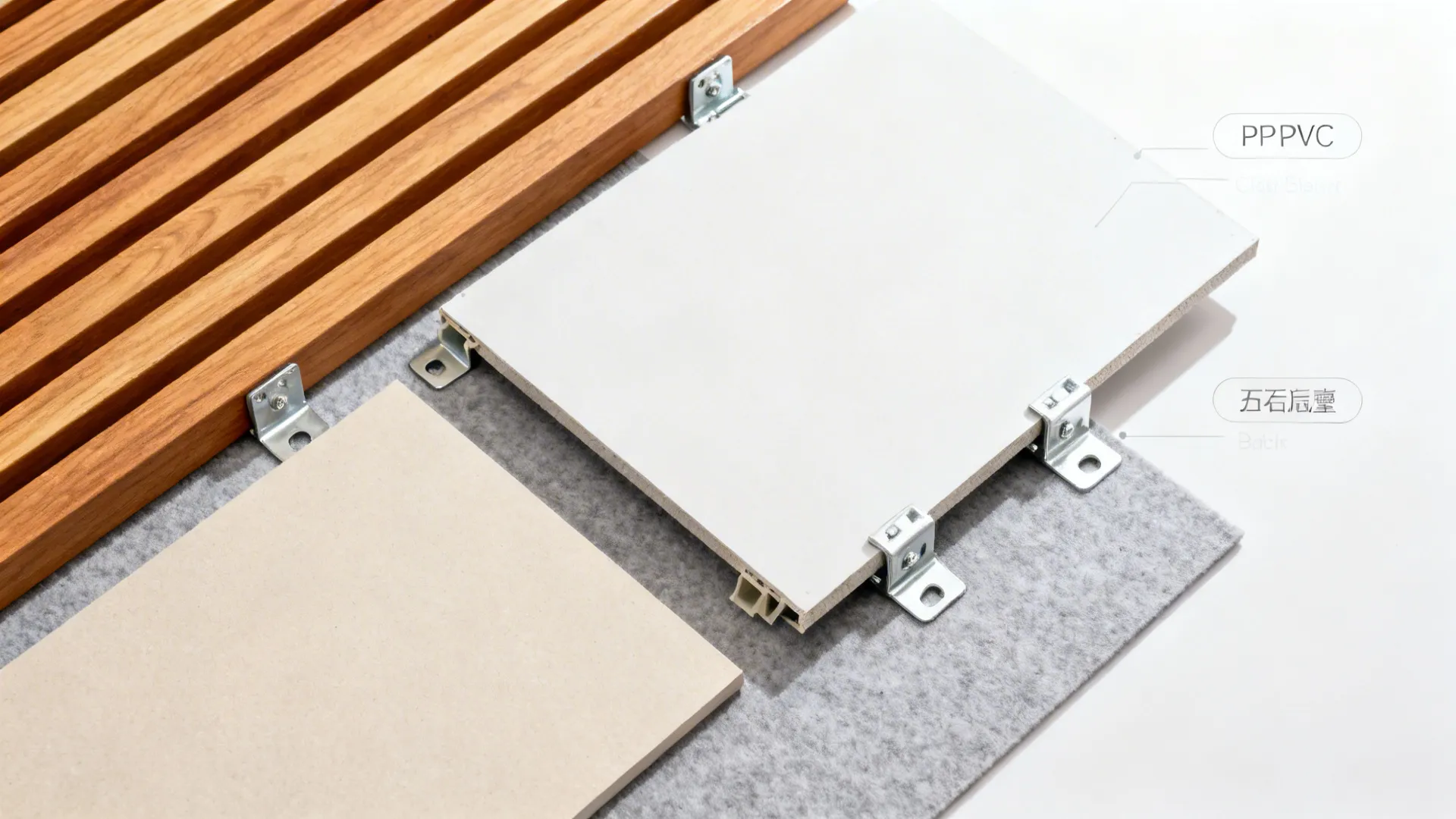 Flat lay of composite slats, gypsum board, mounting hardware, and neutral color swatches.