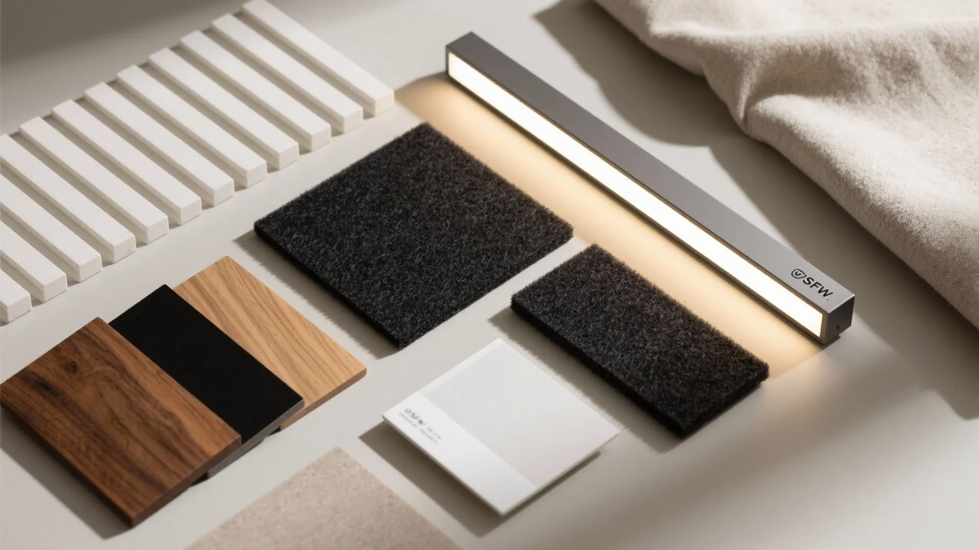 Slatted wood ceiling with slim linear lights