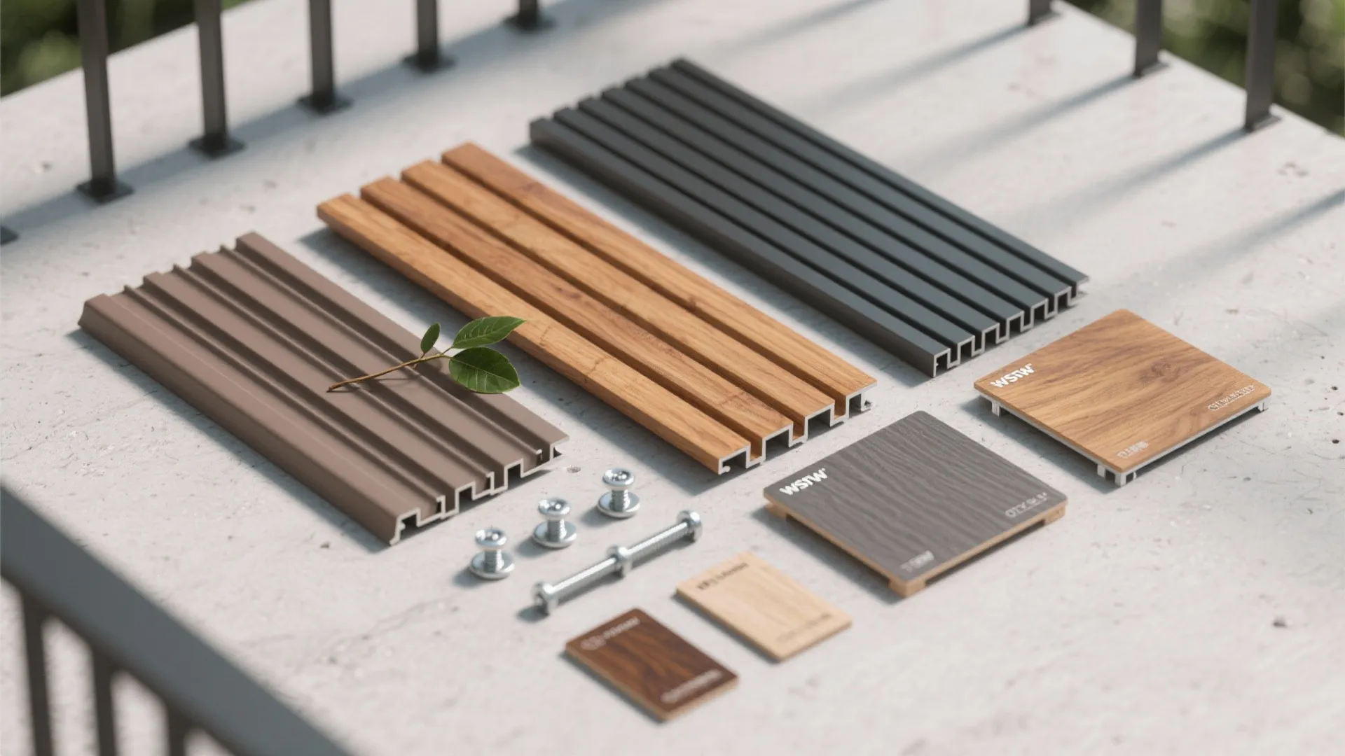 2) Vertical slatted timber or aluminum for privacy and rhythm