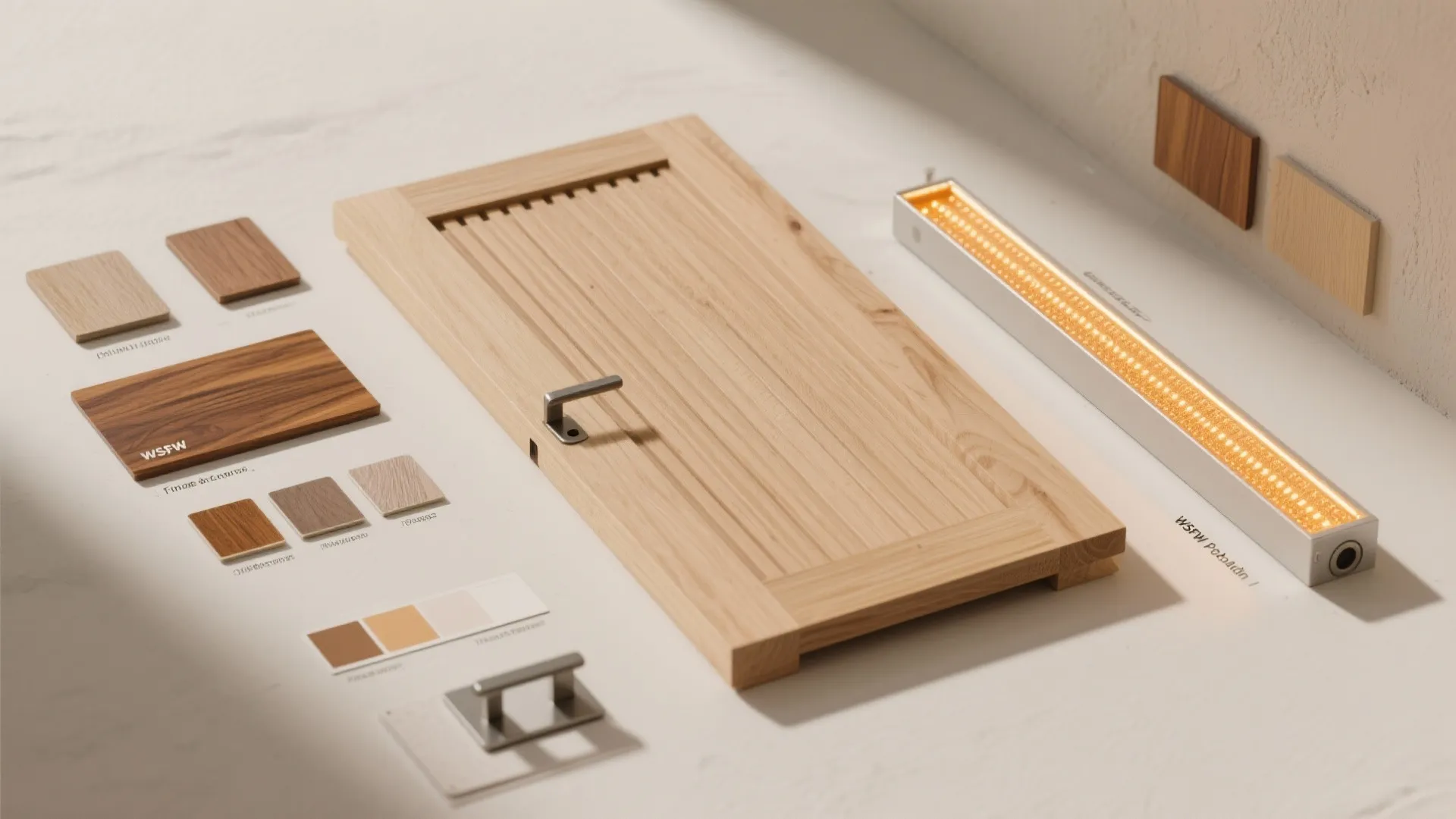 Flatlay of wood samples, LED diffuser, and hardware for a slat pooja door.