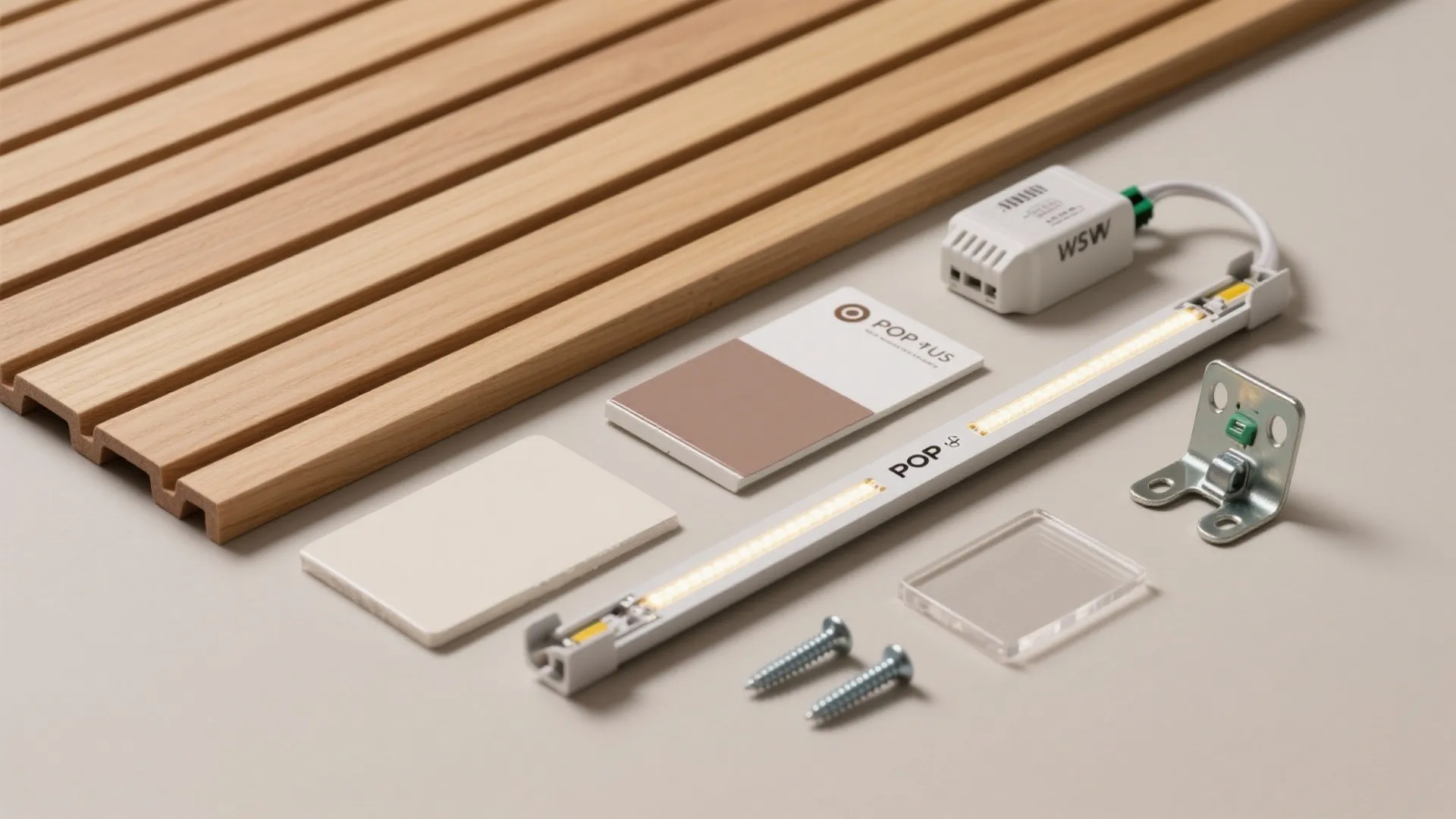 Wooden wall panel slats with led light strip power tool parts and material design samples