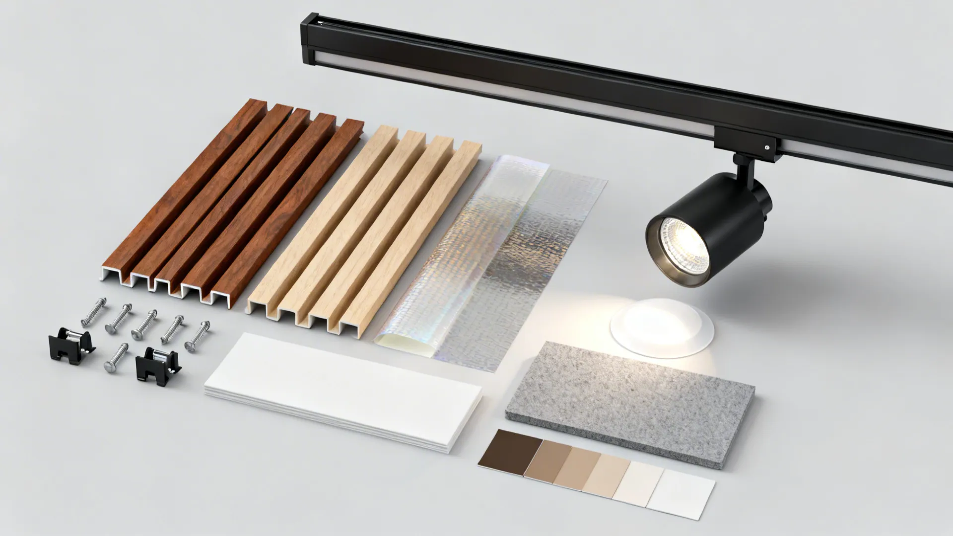 Flatlay of wood-look PVC slat samples with track light components and finish chips.