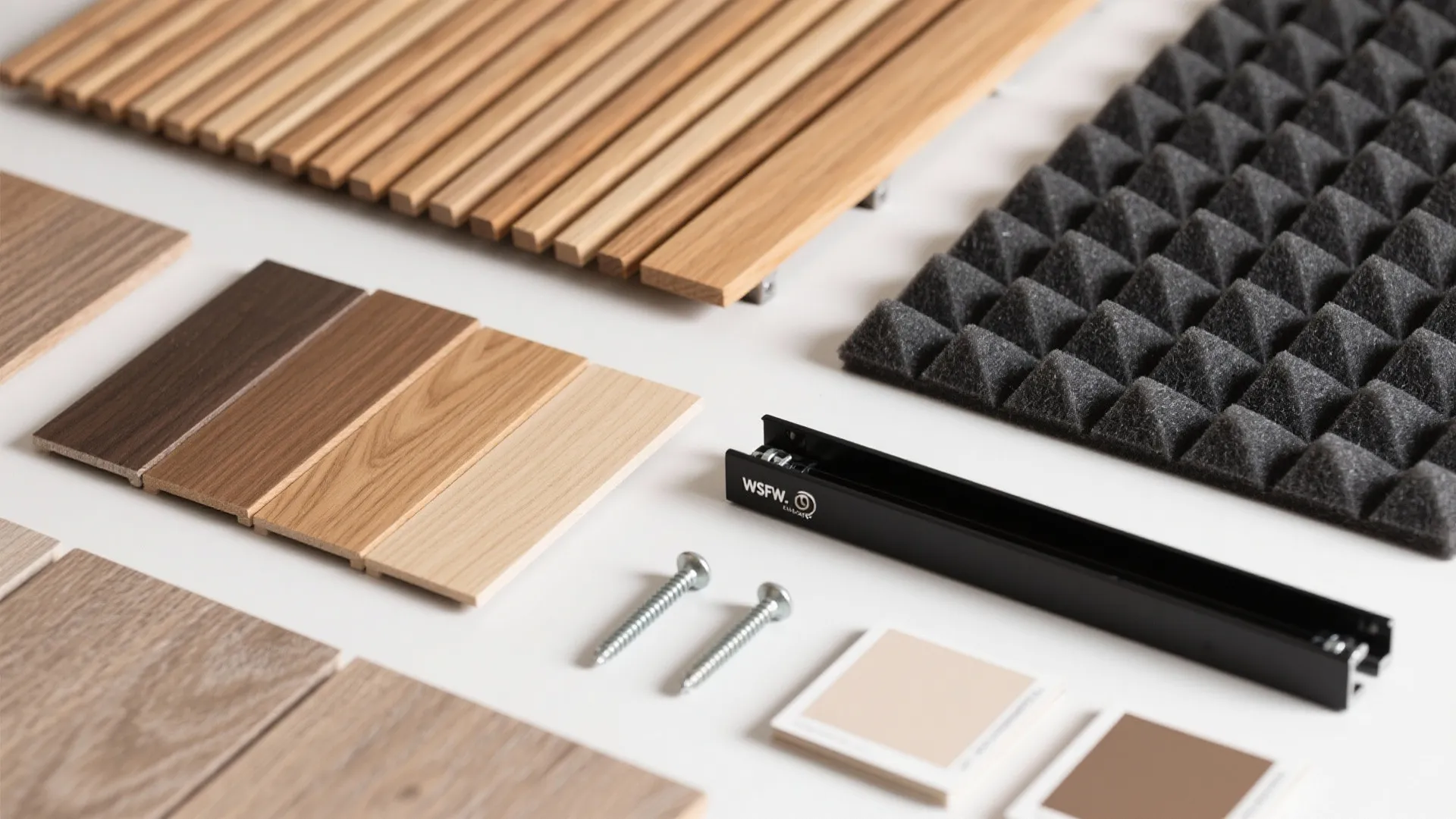 Collection of interior design materials including wood slats acoustic foam panel screws and small color swatches