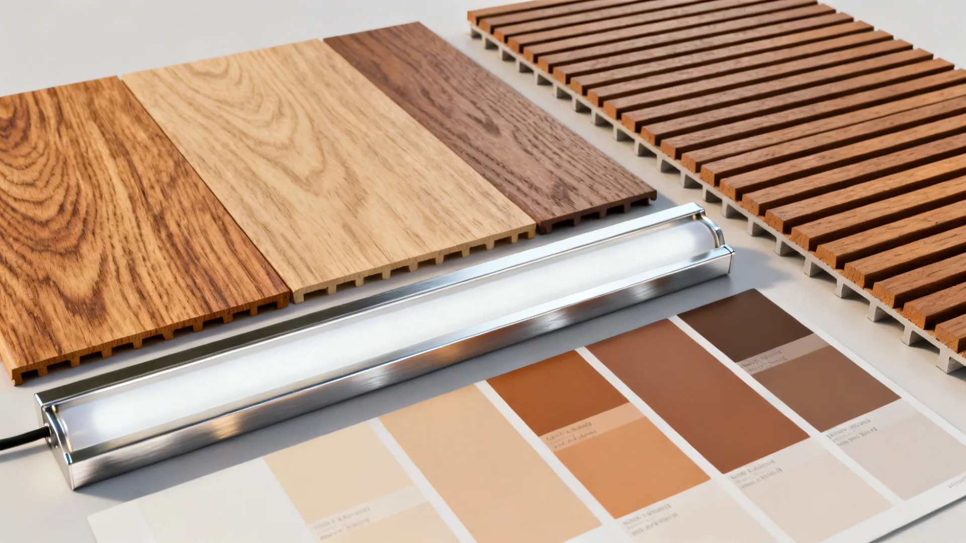 Flatlay of veneer and WPC slats with warm neutral paint chips and LED channels.