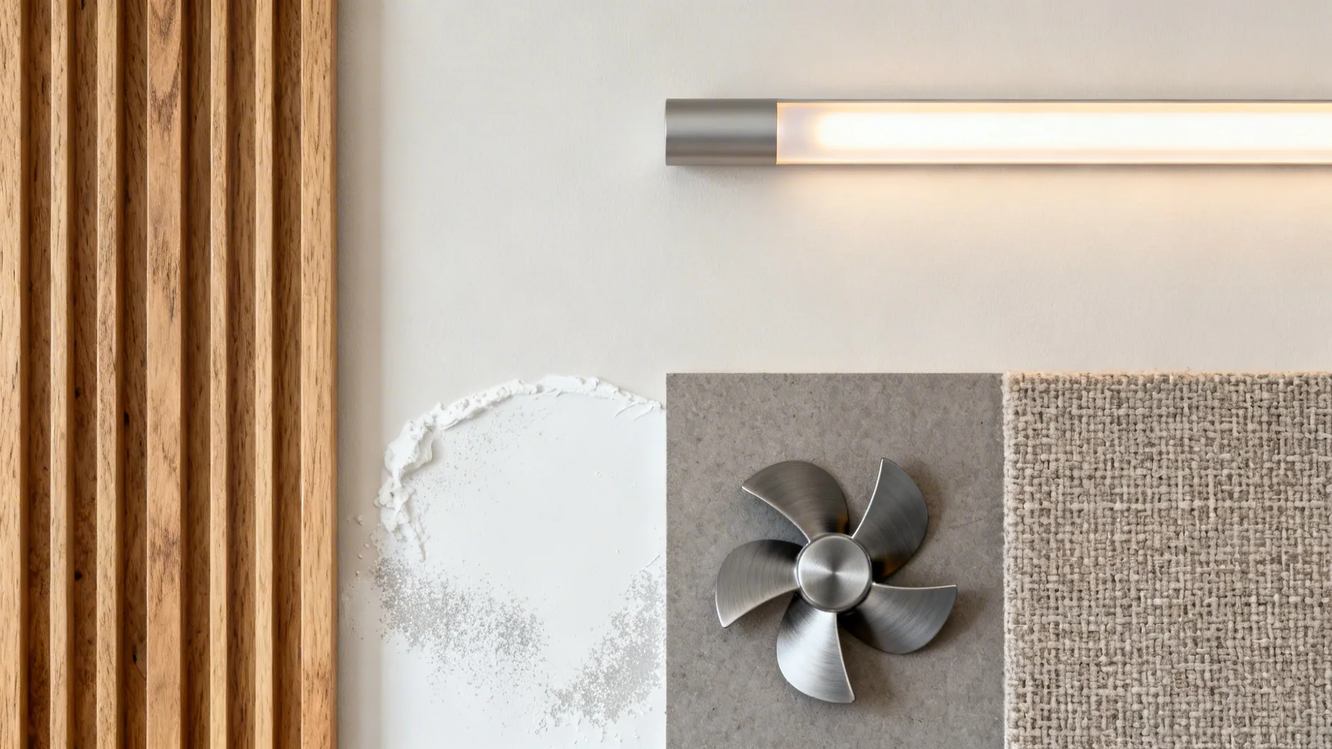 Flat lay of oak slats, warm LED strip, matte paint, and brushed metal finishes.
