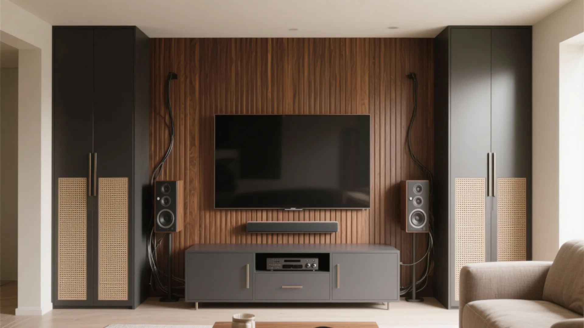 Media Wall with Slatted Wood and Concealed Storage