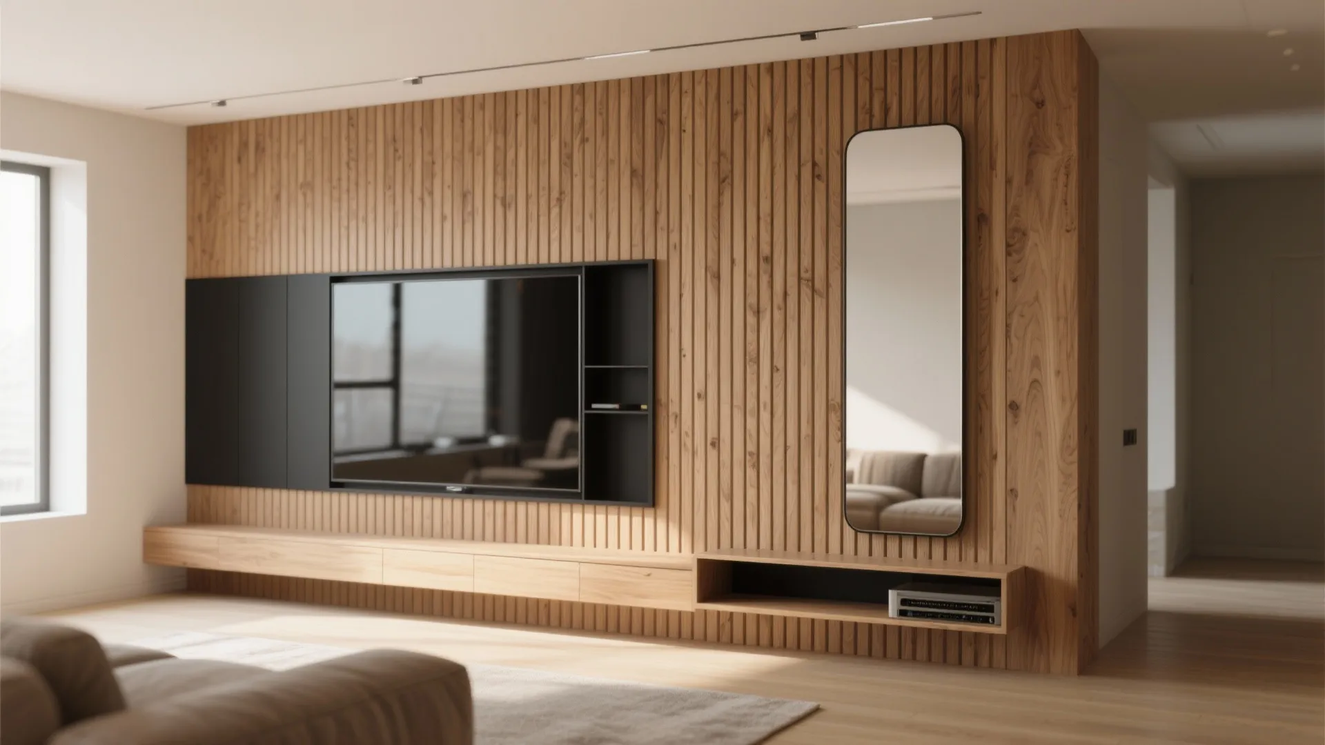 Slatted Wood and Mirror Pair-Up for Light and Acoustics