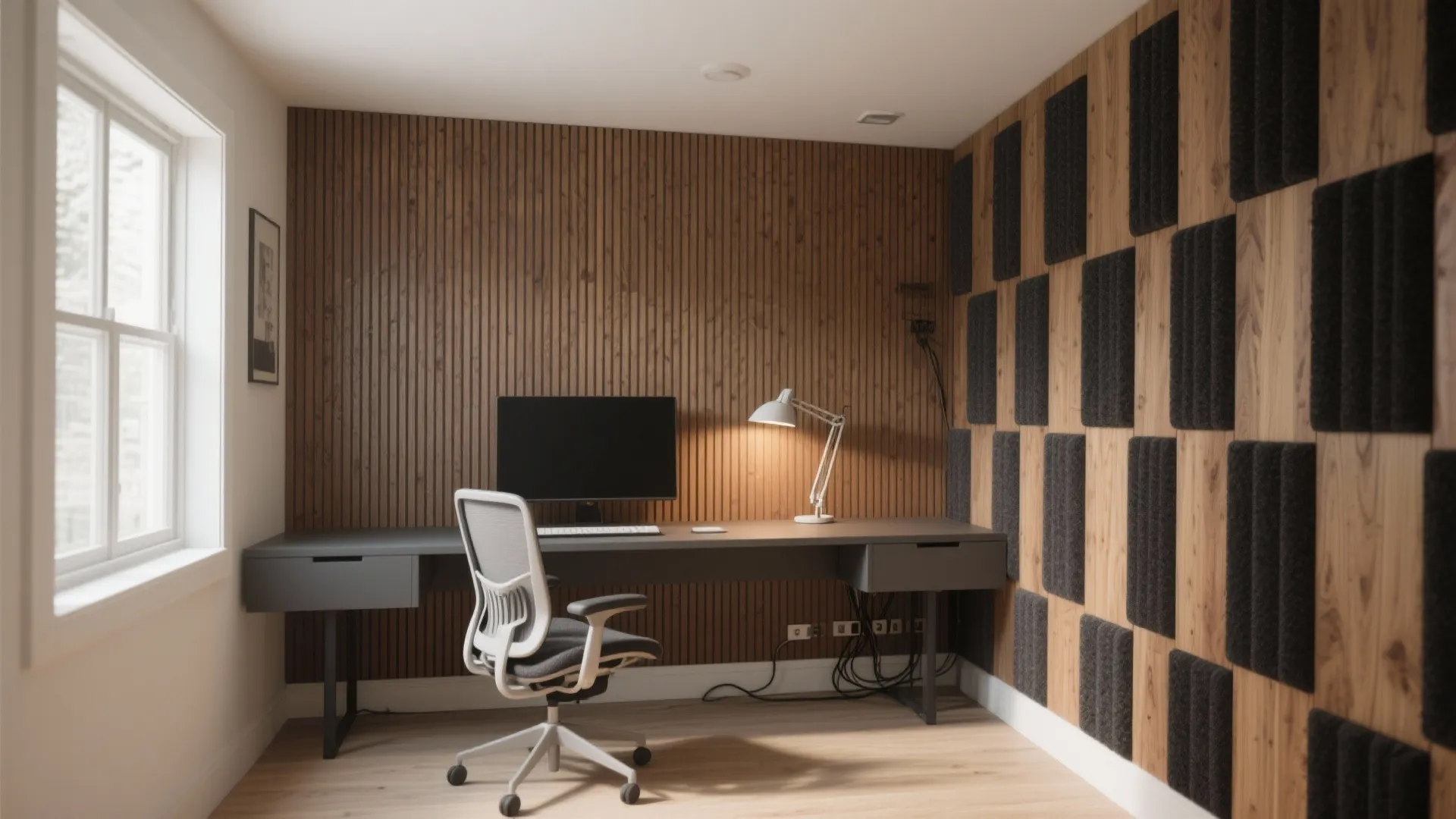 Compact home office featuring felt-backed oak slat panels that warm the room and soften sound.