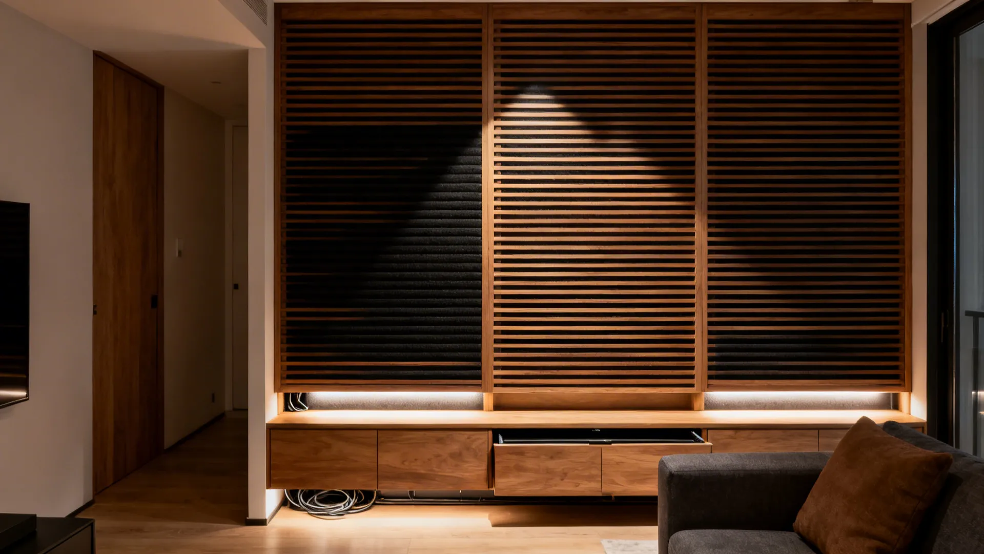 Slatted oak TV wall with black felt backing, flip-down cabinet, and LED edge lighting.