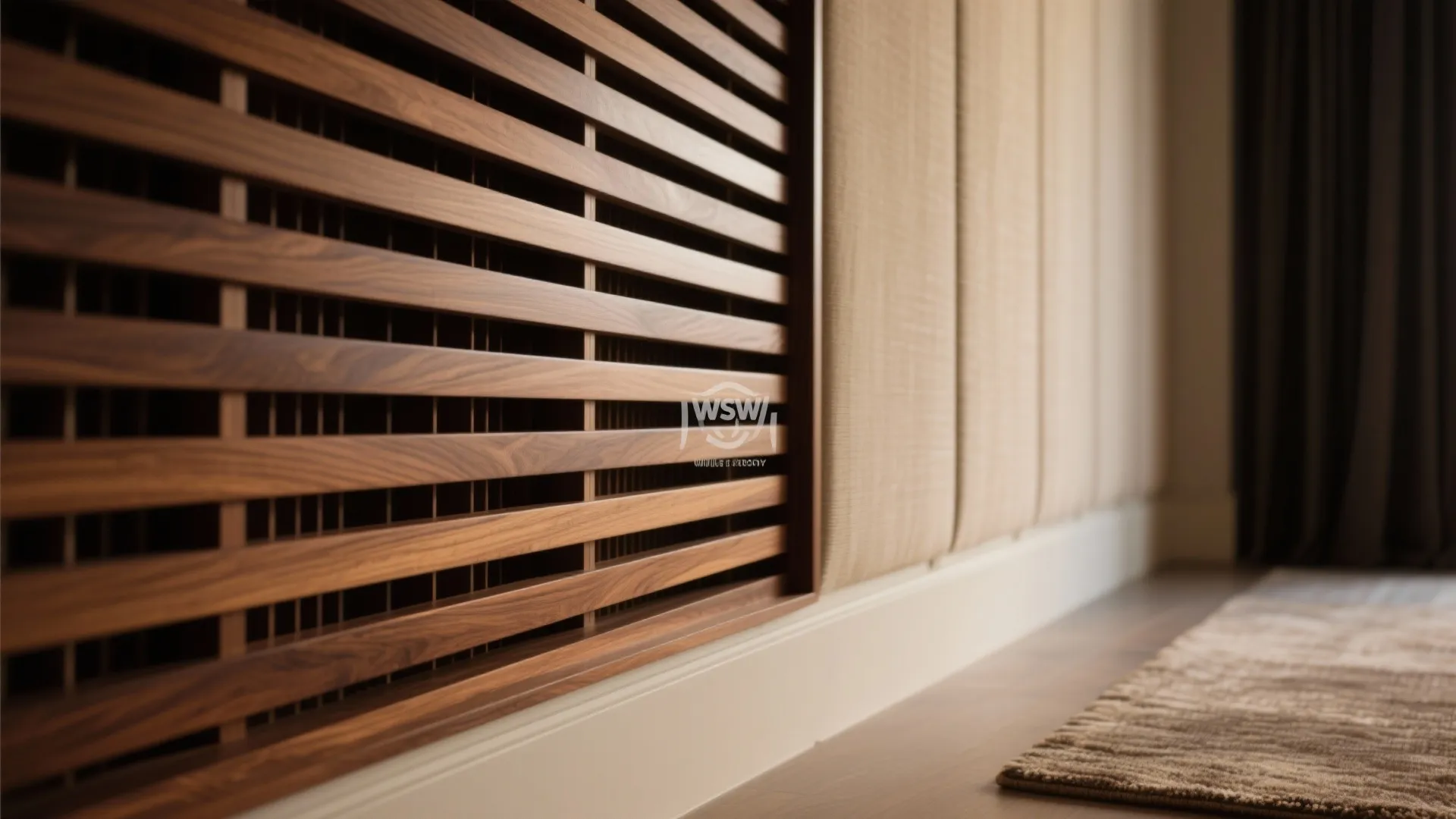 Close up of horizontal wooden wall panel slats next to soft beige fabric wall panel design