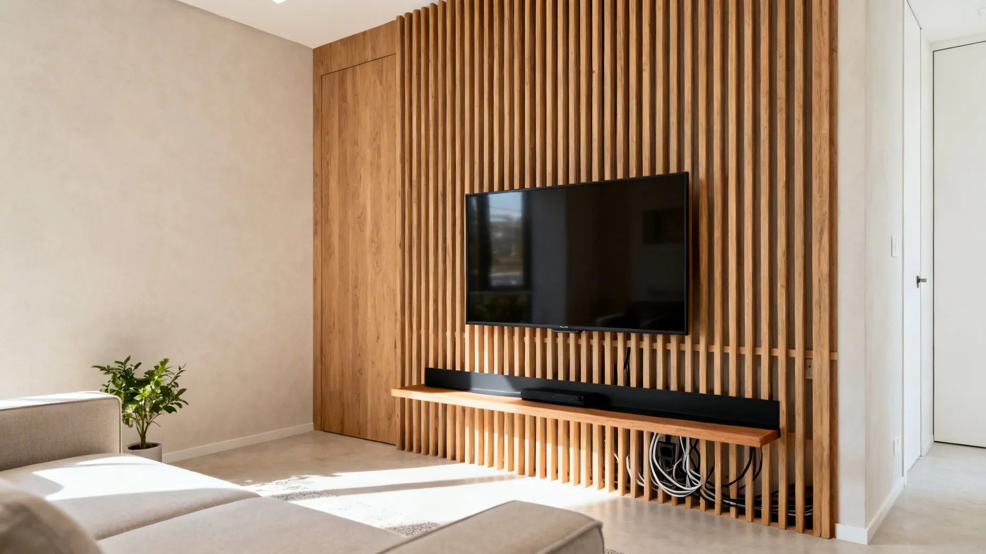 Vertical oak slat panel with wall-mounted TV and a slim floating media shelf.